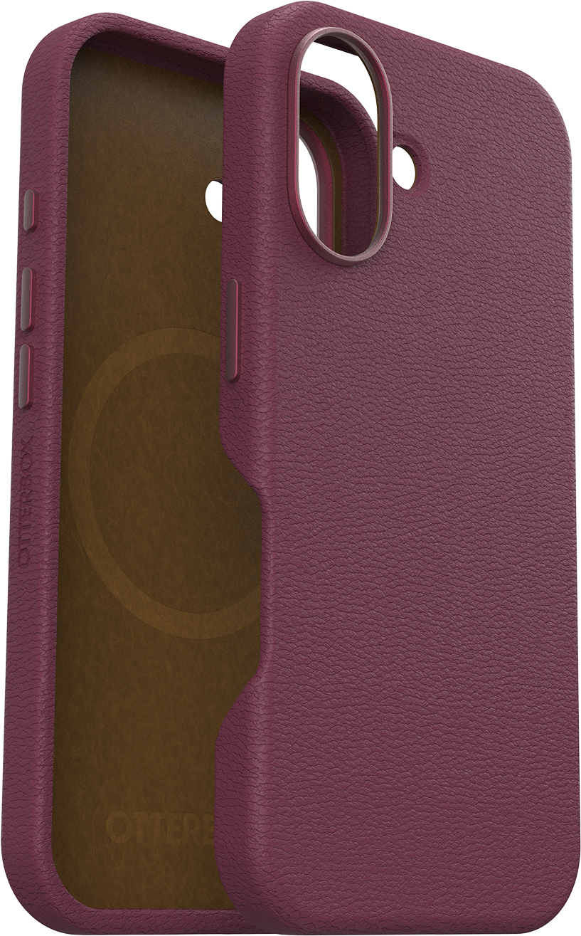 Egy bordó Otterbox telefontok. A tok nyitva van, mutatja a belsejét és a telefon szélét.
