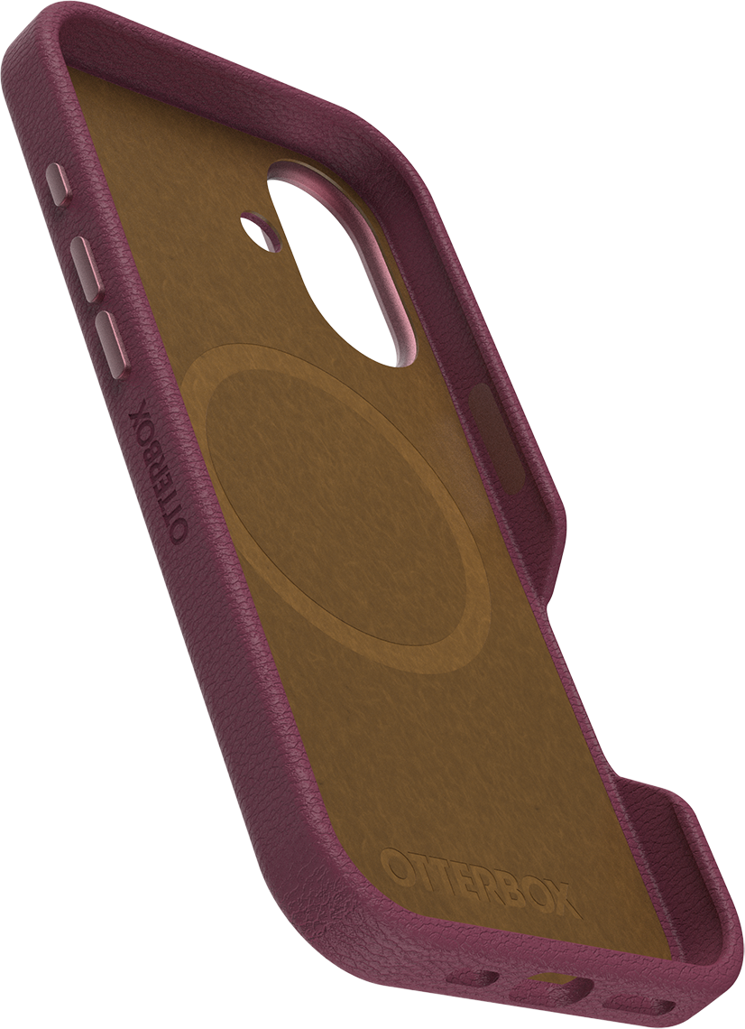 Lila Otterbox telefontok, barna belsővel, ferdén, a belsejét mutatva.