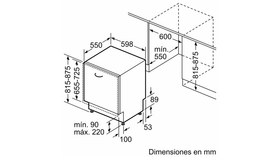 Diagrama de un lavavajillas, mostrando dimensiones en mm.