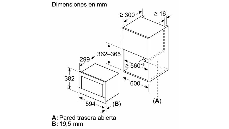 Diagrama de un horno microondas empotrado que muestra las dimensiones en mm.