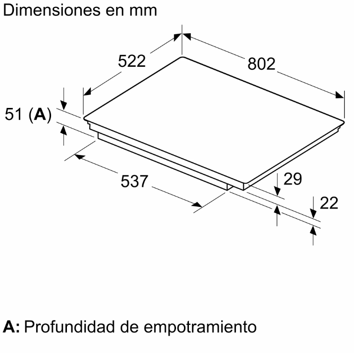 Una ilustración con las dimensiones de una encimera rectangular en mm.
