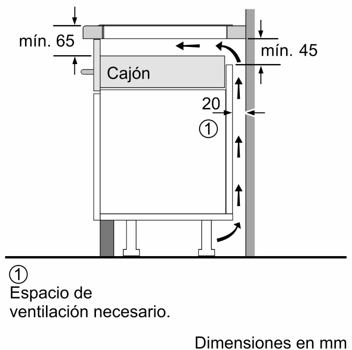 Diagrama que muestra las dimensiones de un cajón de cocina y el espacio de ventilación necesario.