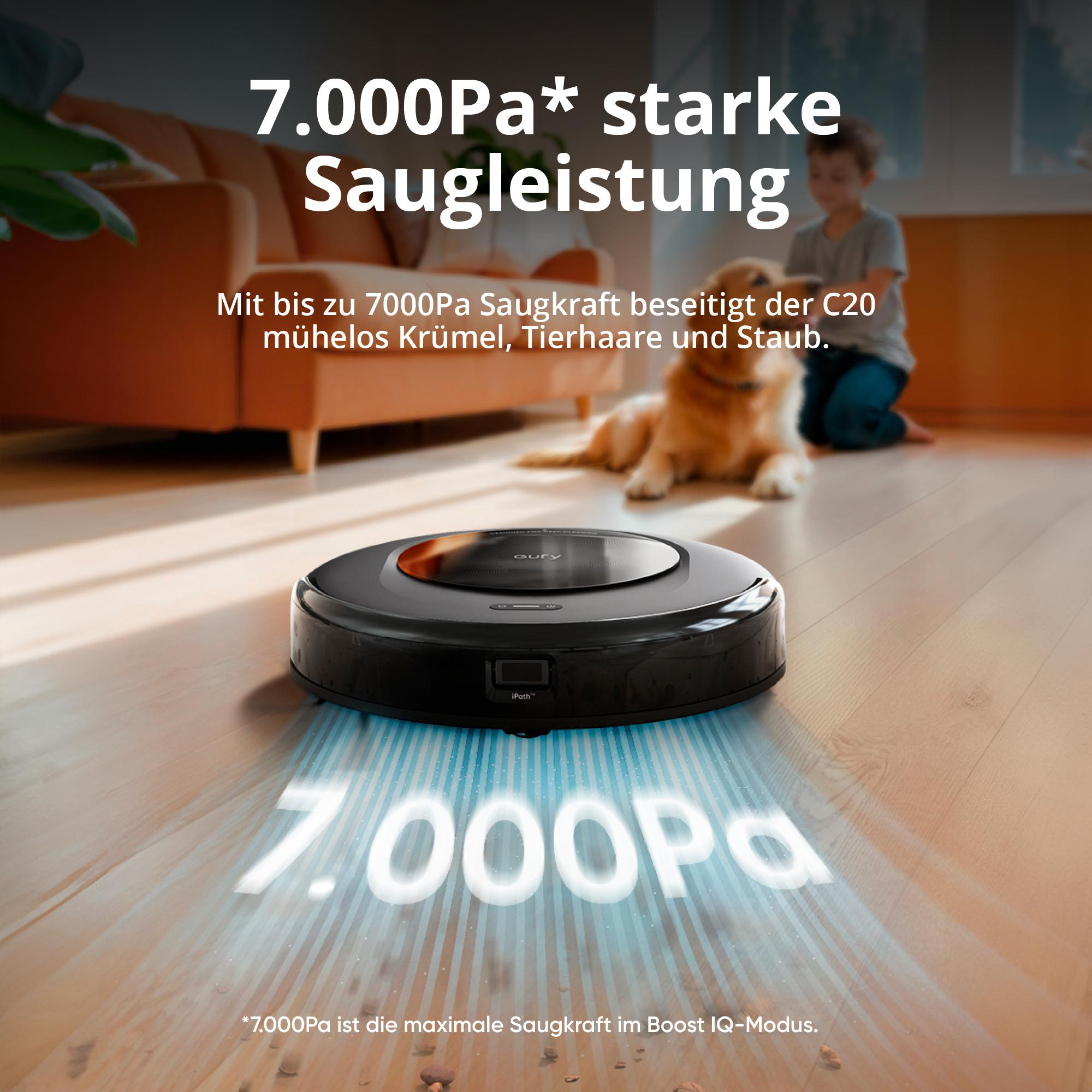 Roboter-Staubsauger auf Holzboden. Text auf Deutsch: starke Saugkraft.