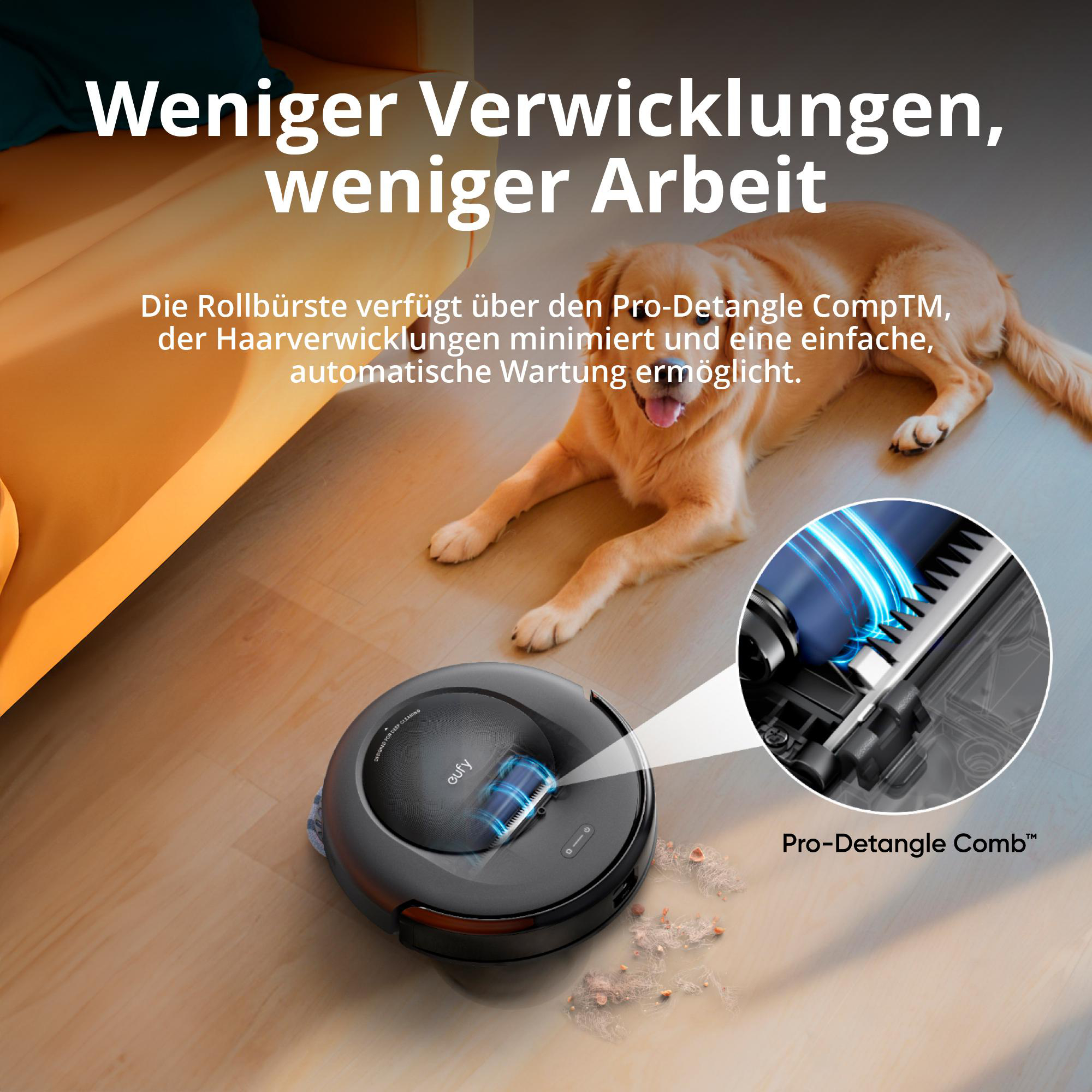 Roboter-Staubsauger, Hund auf dem Boden, Text und Explosionszeichnung des Geräts.