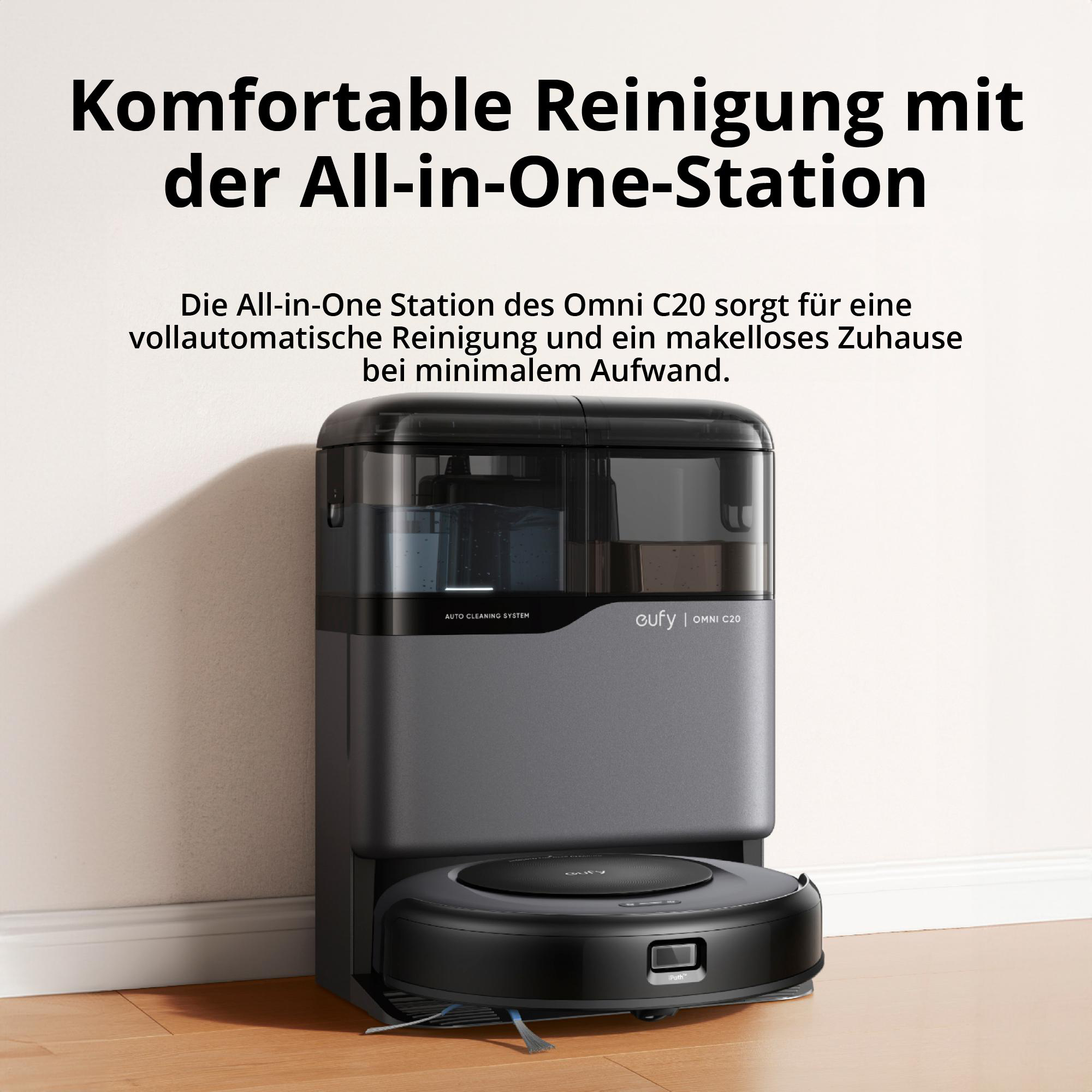 Schwarzer und grauer Roboter-Staubsauger mit deutschem Text.