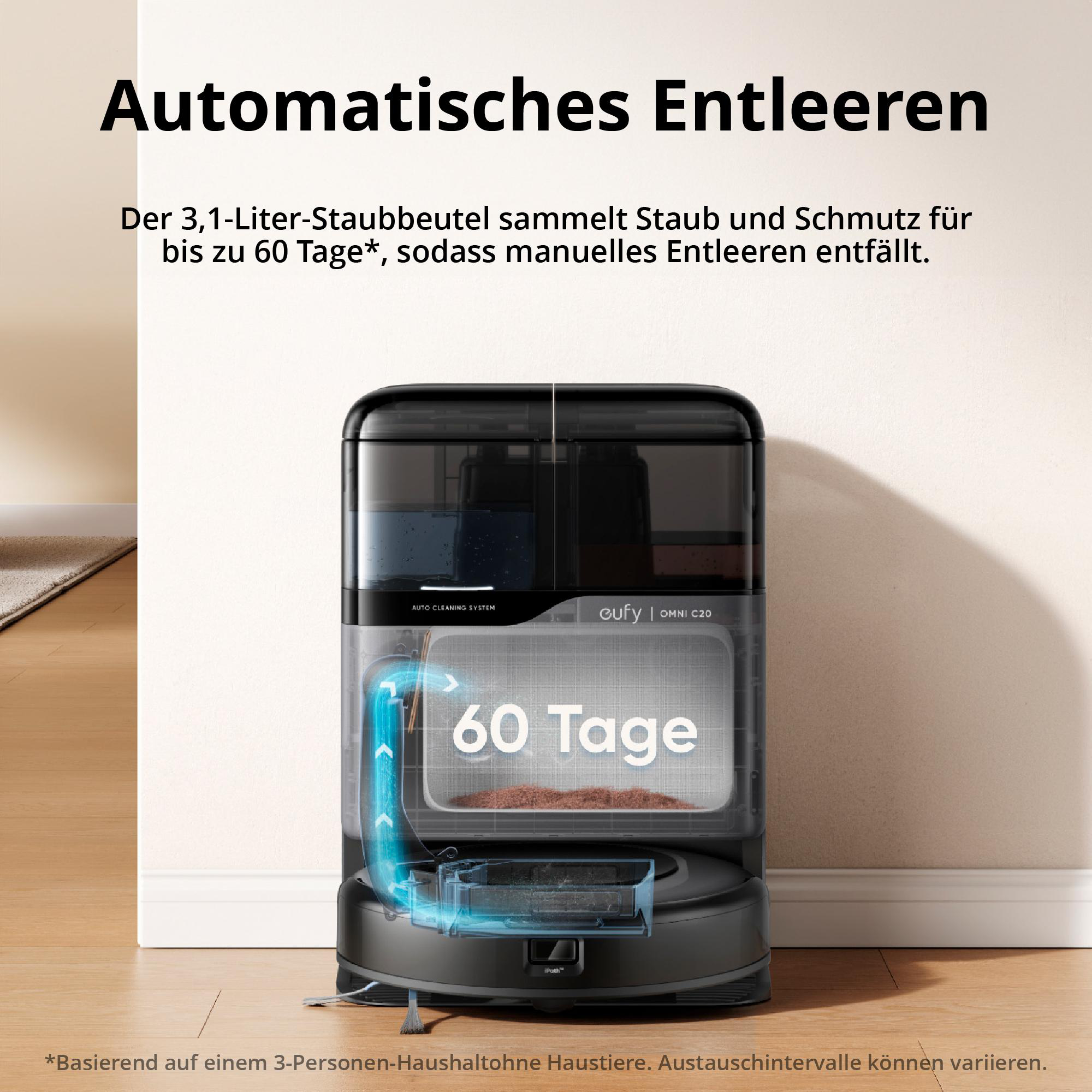 Roboter-Staubsauger mit großem Staubbeutel. Text weist auf 60 Tage Reinigung hin.