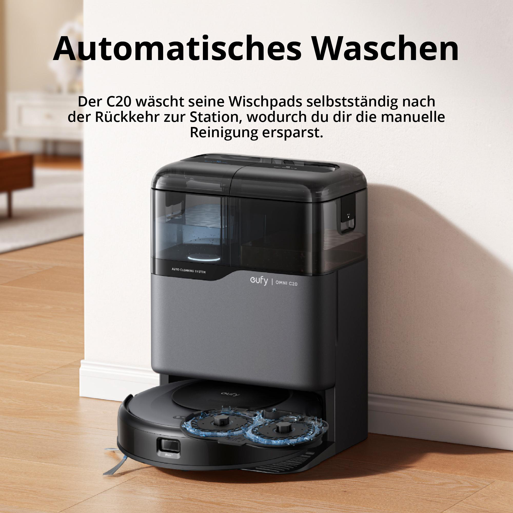 Roboter-Staubsauger mit schwarzem und grauem Gehäuse. Er hat zwei rotierende Reinigungspads.