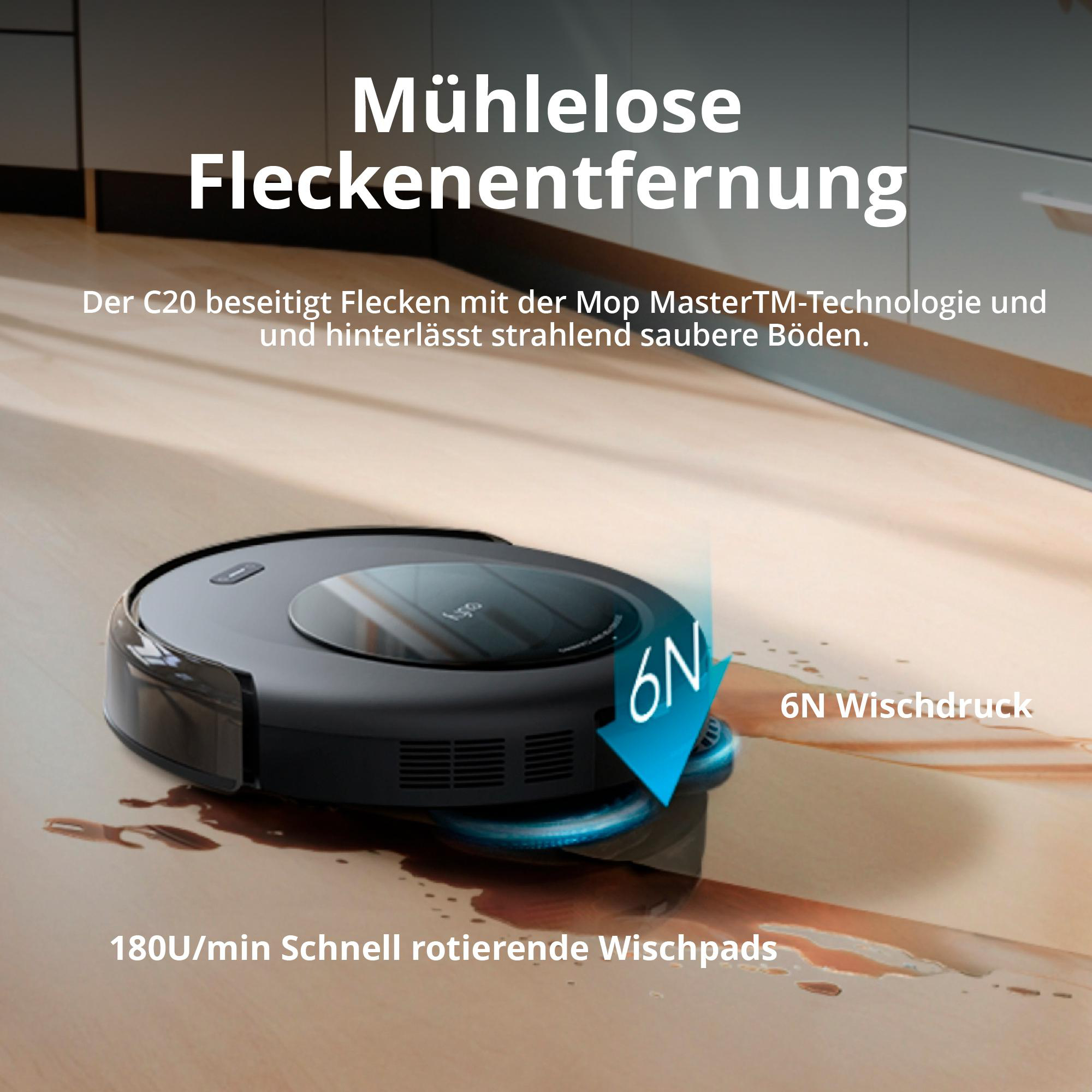 Ein Roboter-Staubsauger, der einen Holzboden reinigt, mit Text.