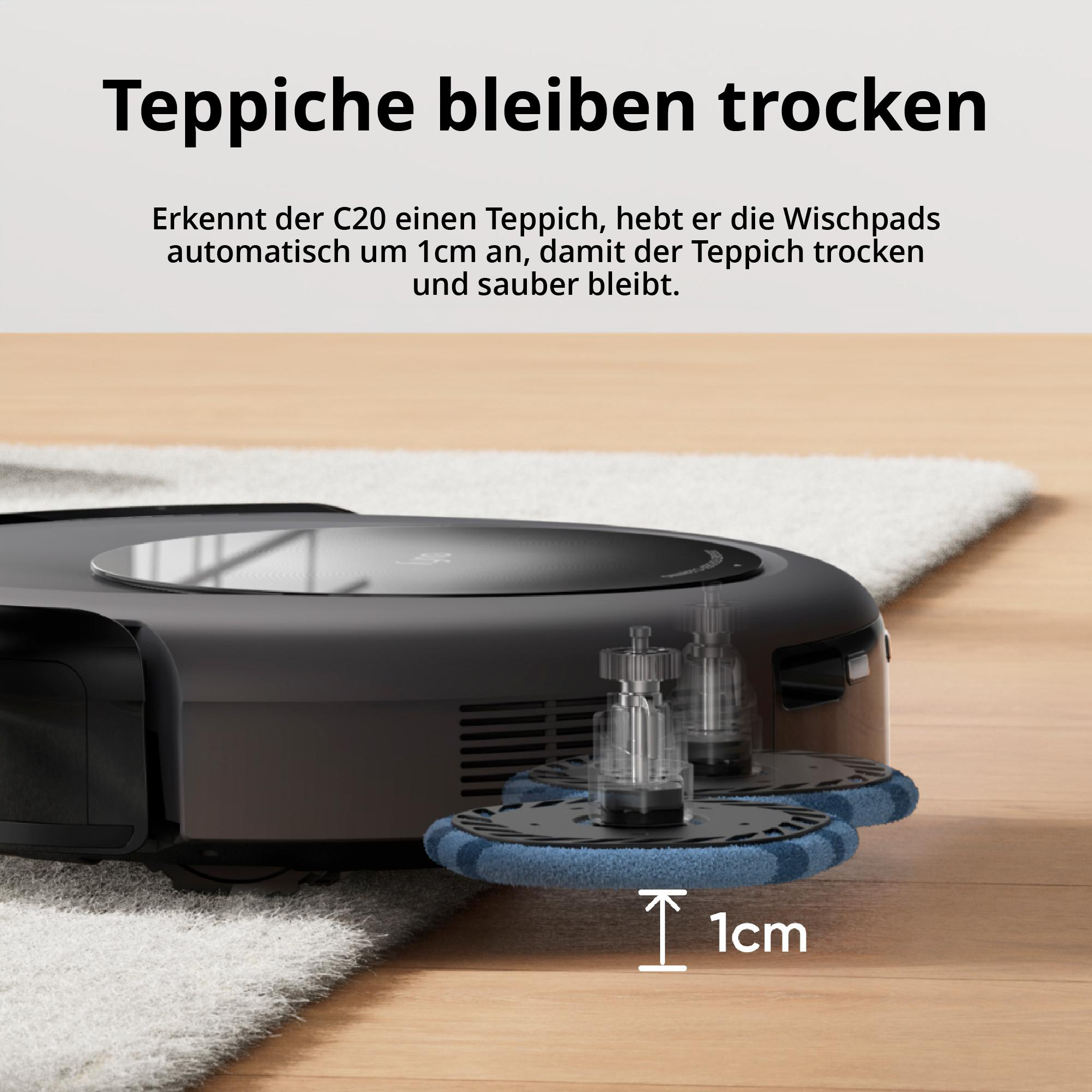 Ein Roboter-Staubsauger auf einem Holzboden, der Text auf dem Bild lautet 