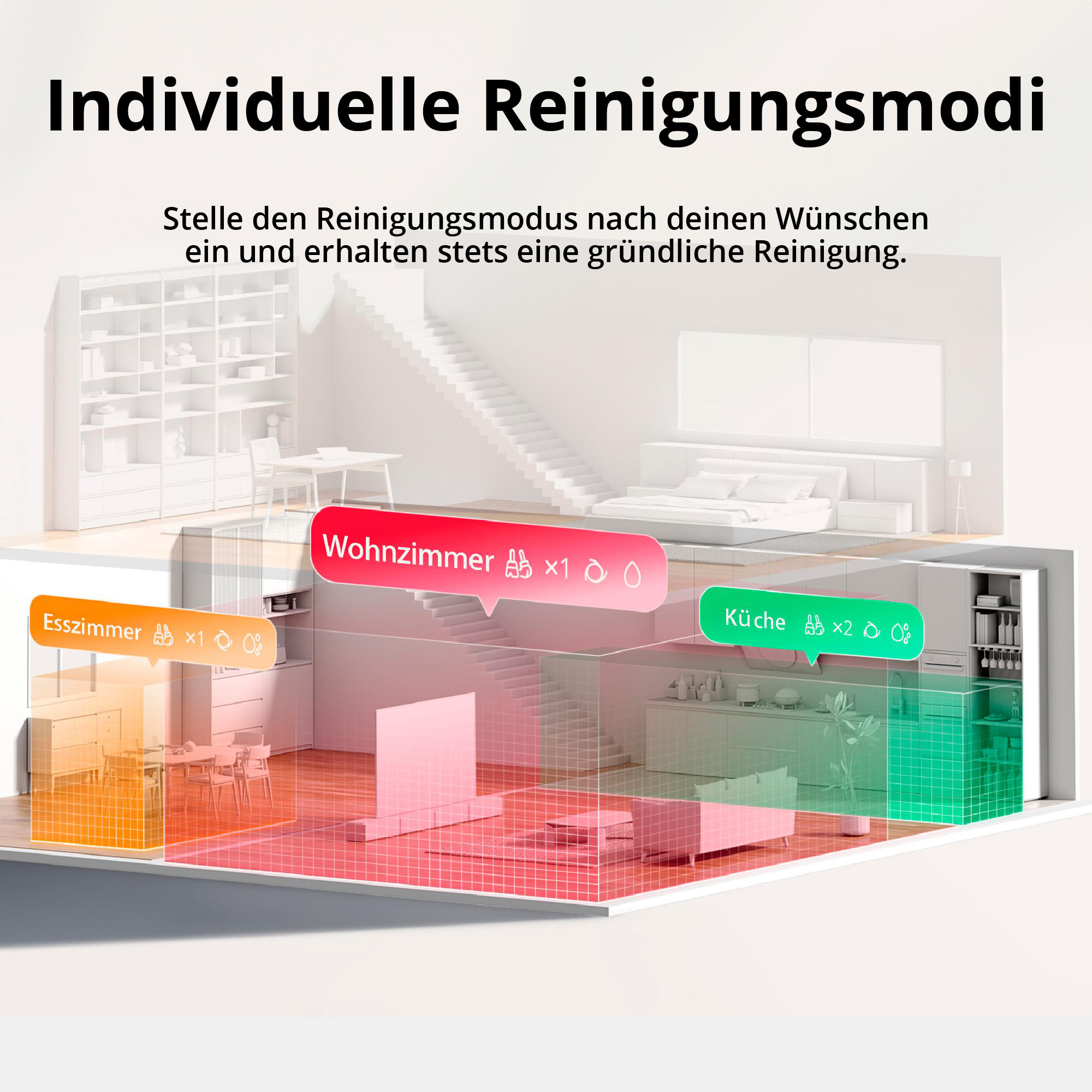Raumaufteilung mit Küche, Wohnzimmer und Esszimmer mit beschrifteten Bereichen und Reinigungsmodi.