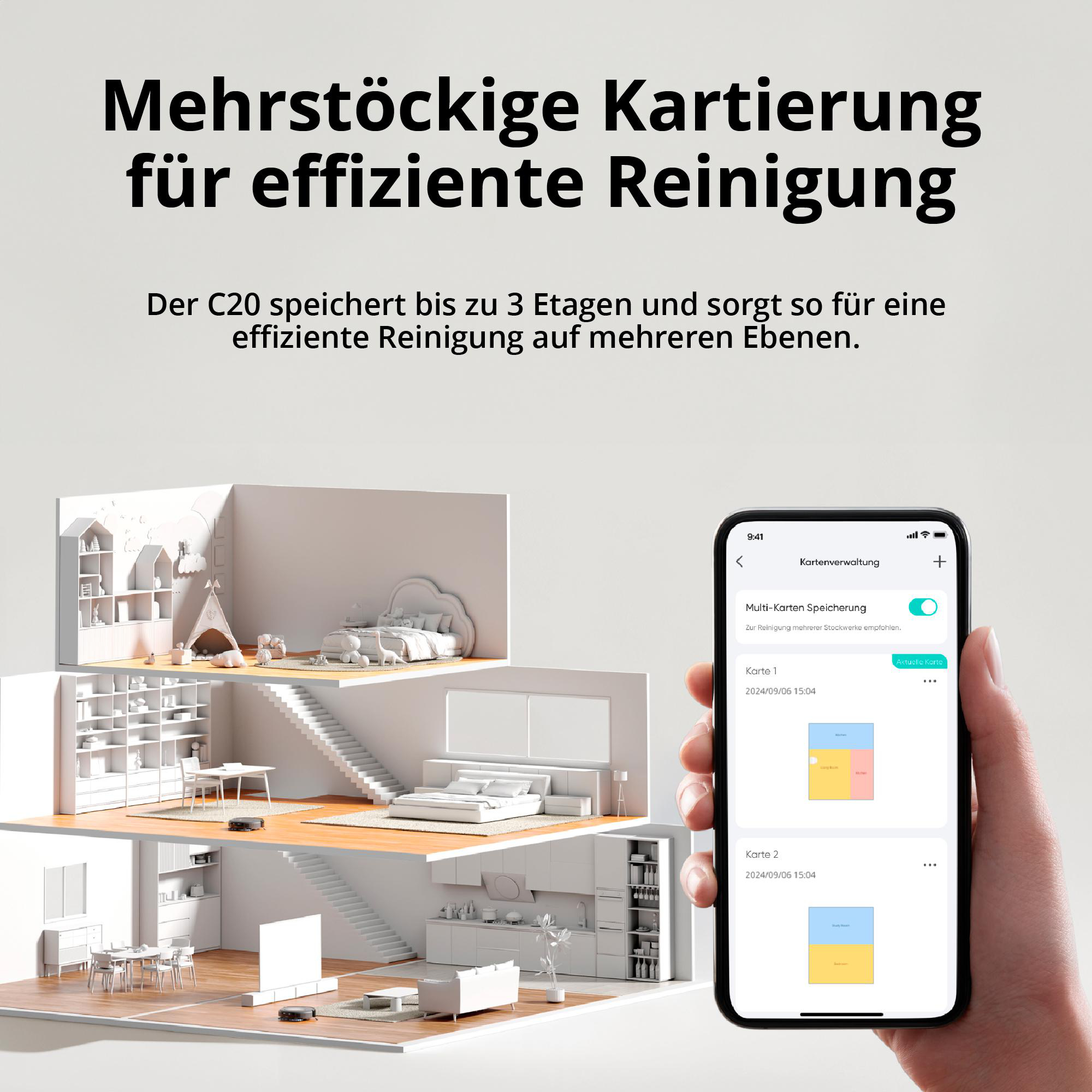 Bild zeigt ein Hausmodell mit mehreren Räumen und ein Smartphone mit einer Karte.