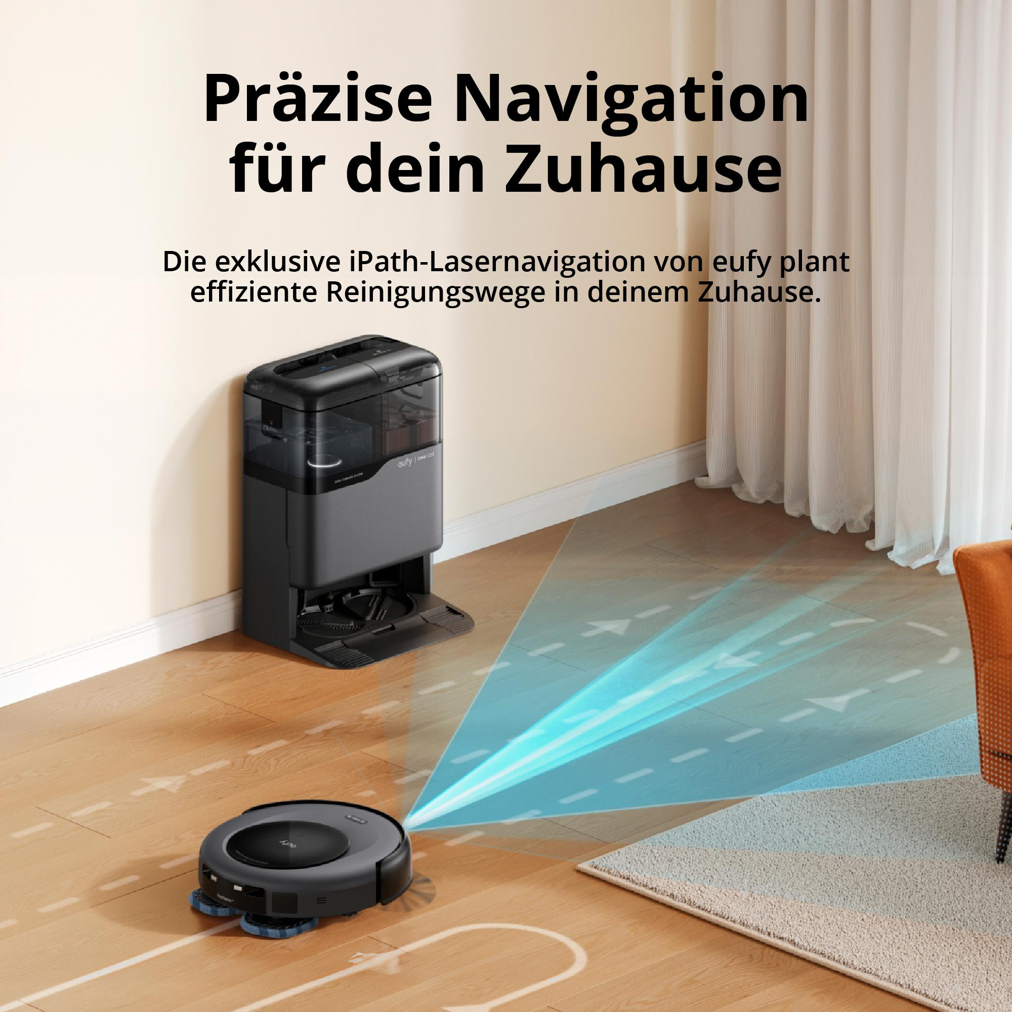 Ein Roboter-Staubsauger reinigt einen Holzboden. Eine Ladestation ist im Hintergrund. Blaue Navigationslinien.