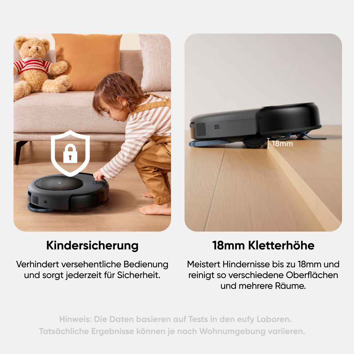 Roboter-Staubsauger reinigt den Boden, Kind in der Nähe. Text: Kindersicherung und 18mm Kletterhöhe.