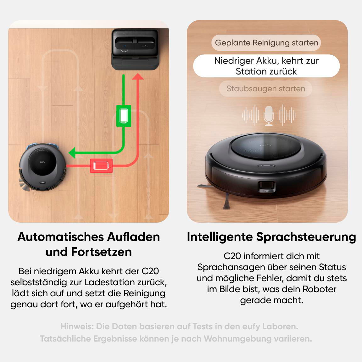 Diagramm, das einen Roboter-Staubsauger veranschaulicht. Zeigt automatisches Laden und Sprachsteuerung.