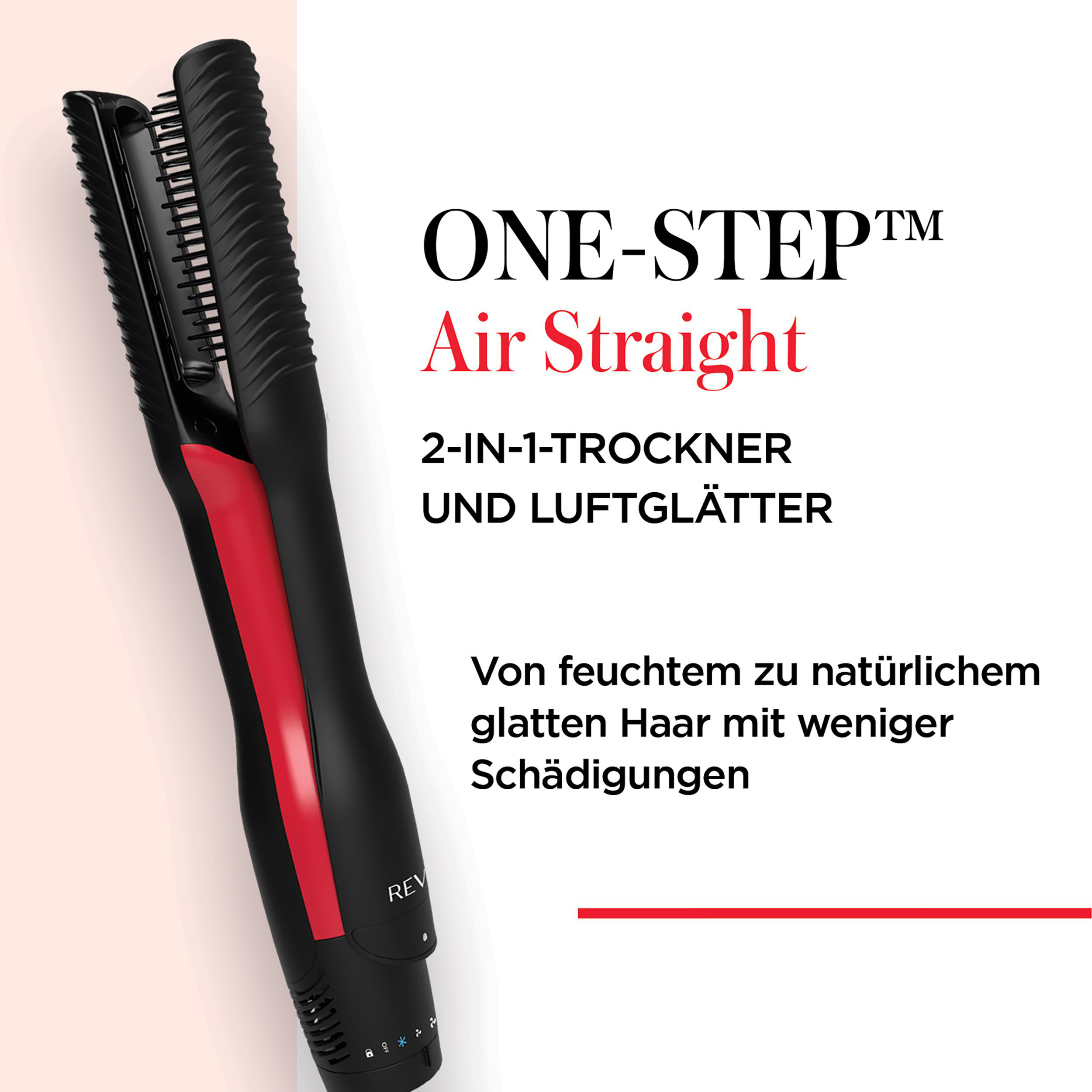 Schwarzer und roter Haarglätter mit Text auf weißer Oberfläche.