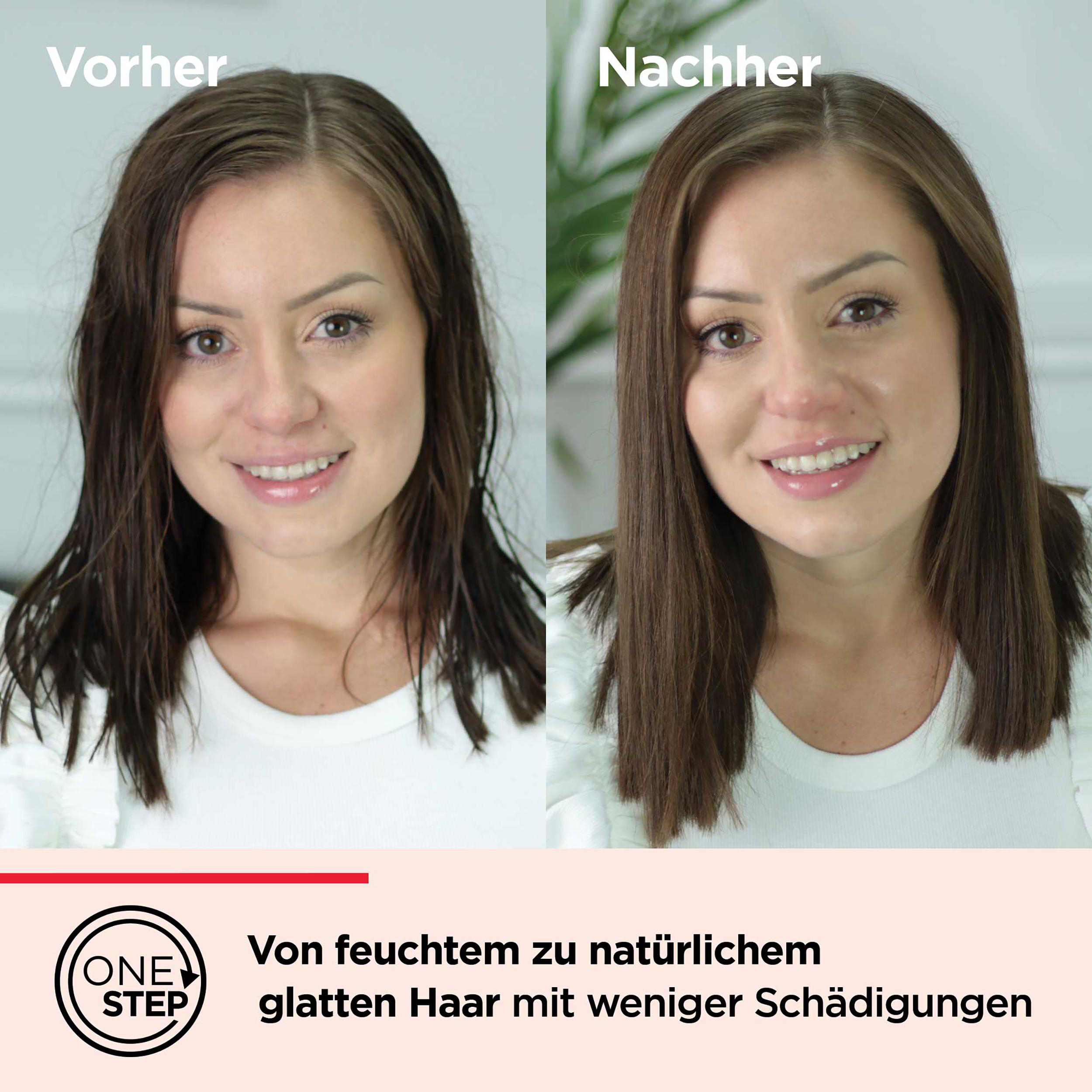 Eine Frau mit nassem Haar links und gestyltem Haar rechts, wirbt für Haarpflege.