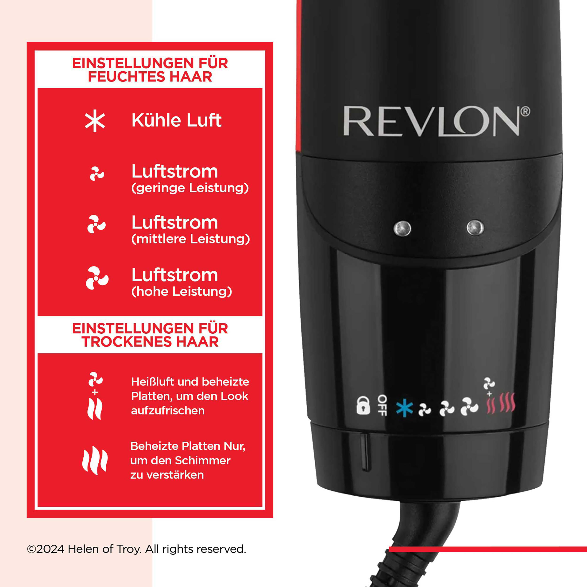 Schwarzer Revlon-Haartrockner, Einstellungen für nasses und trockenes Haar. Mit Symbolen und Text.