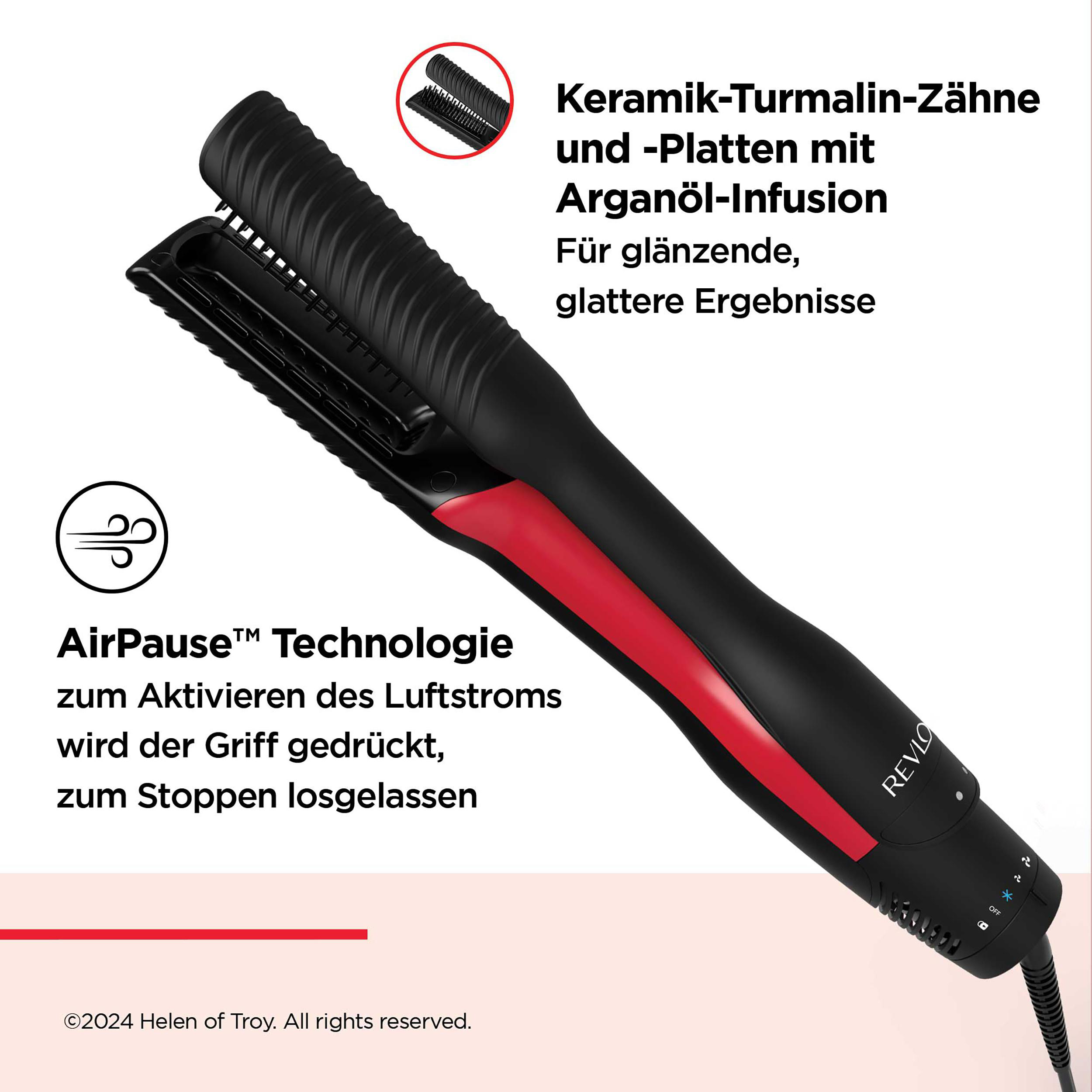Schwarzer und roter Haarglätter mit Text und Netzkabel.