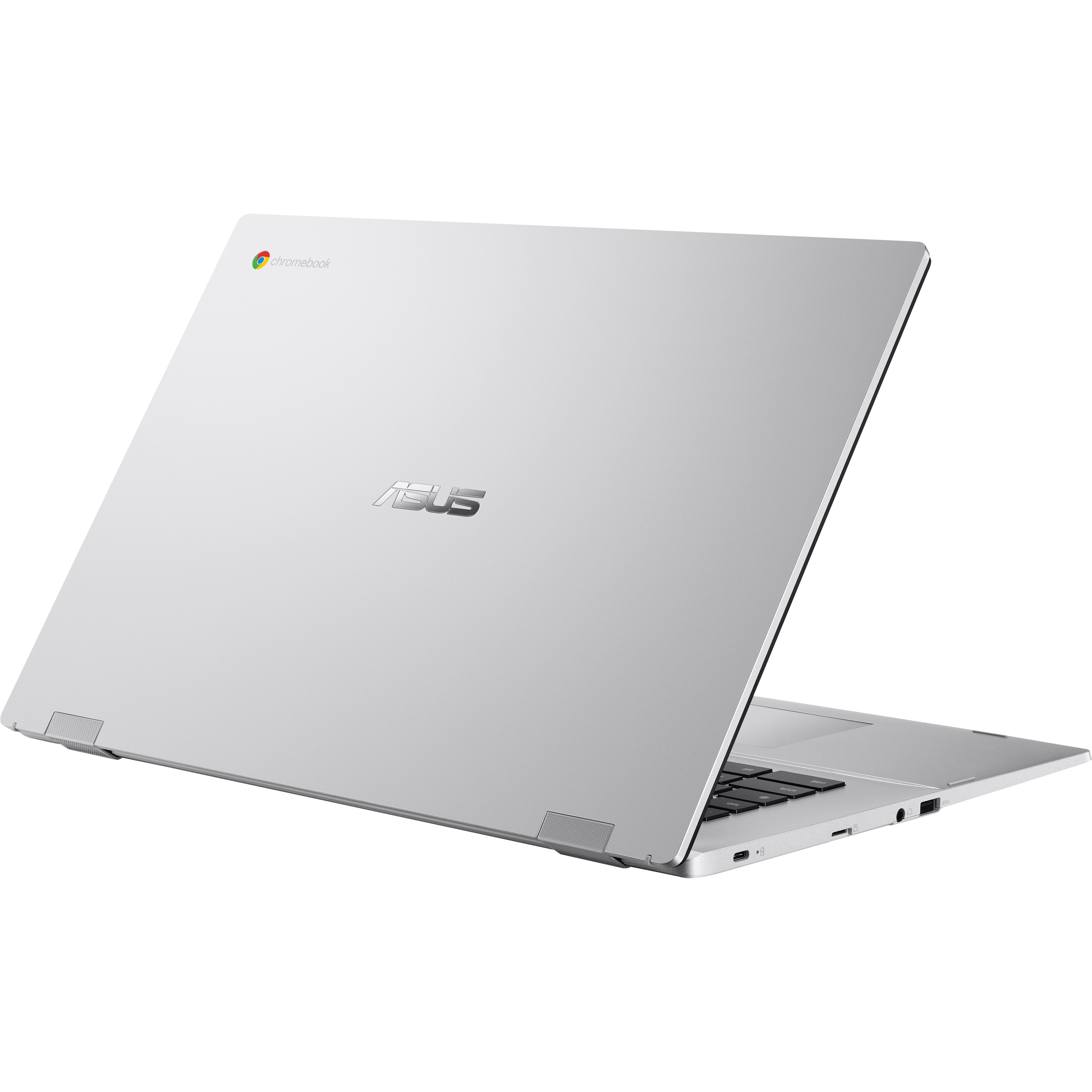 Silbernes ASUS Chromebook. Die Rückseite ist sichtbar, mit dem ASUS-Logo und dem Chromebook-Logo.