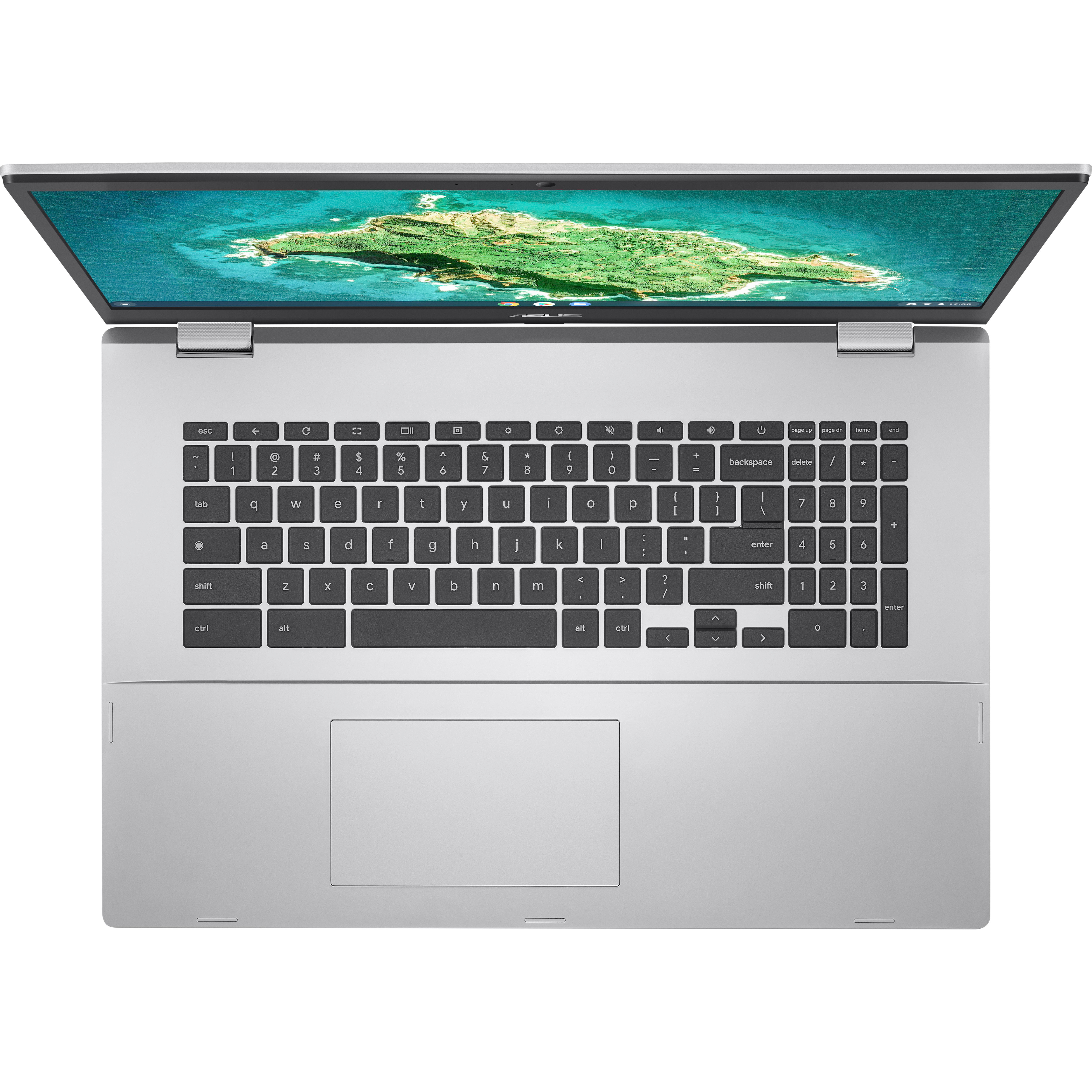Laptop von oben. Bildschirm zeigt Inselkarte. Tastatur und Touchpad sichtbar.