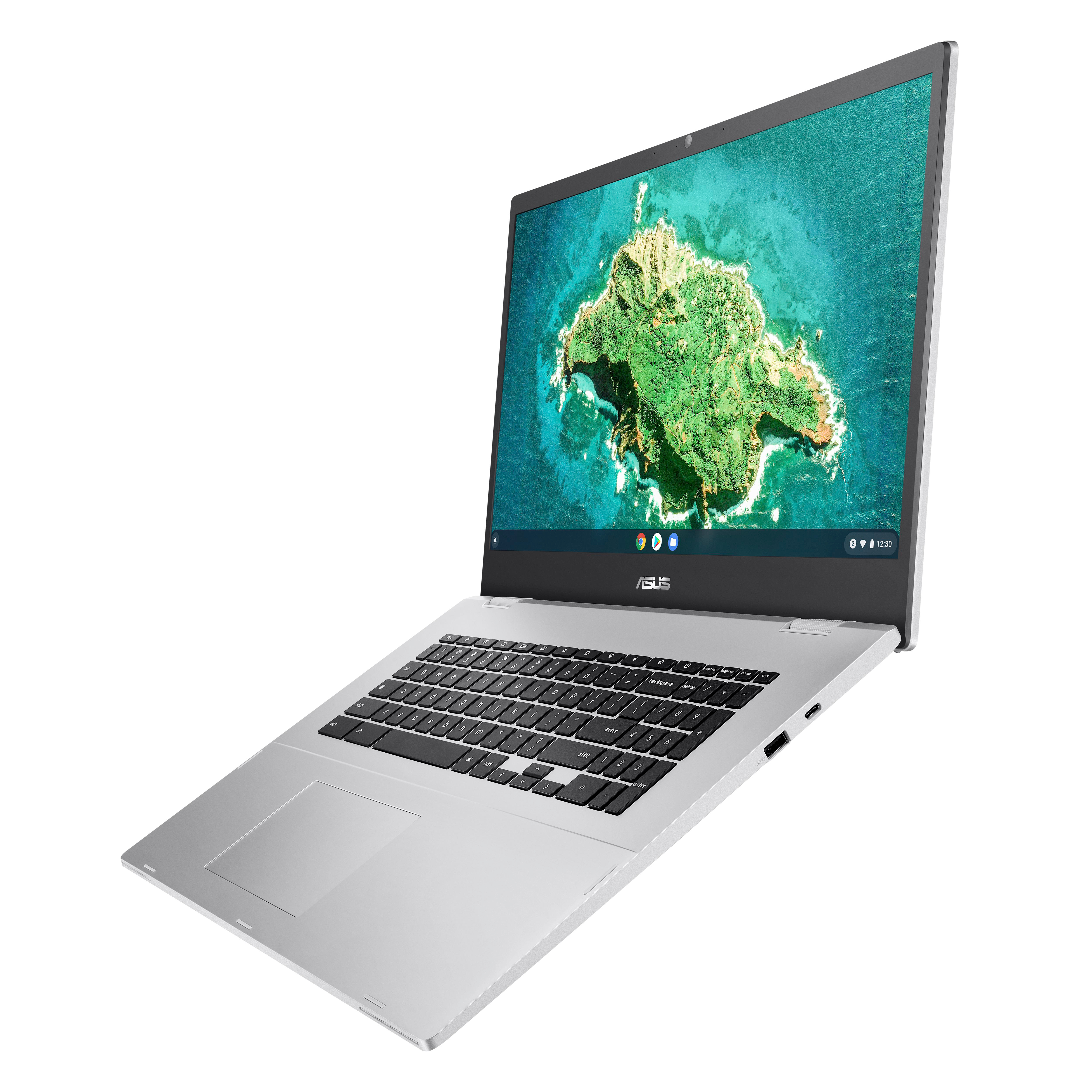Silberner Laptop, offen, schräge Ansicht. Bildschirm zeigt Inselkarte. ASUS-Logo sichtbar.