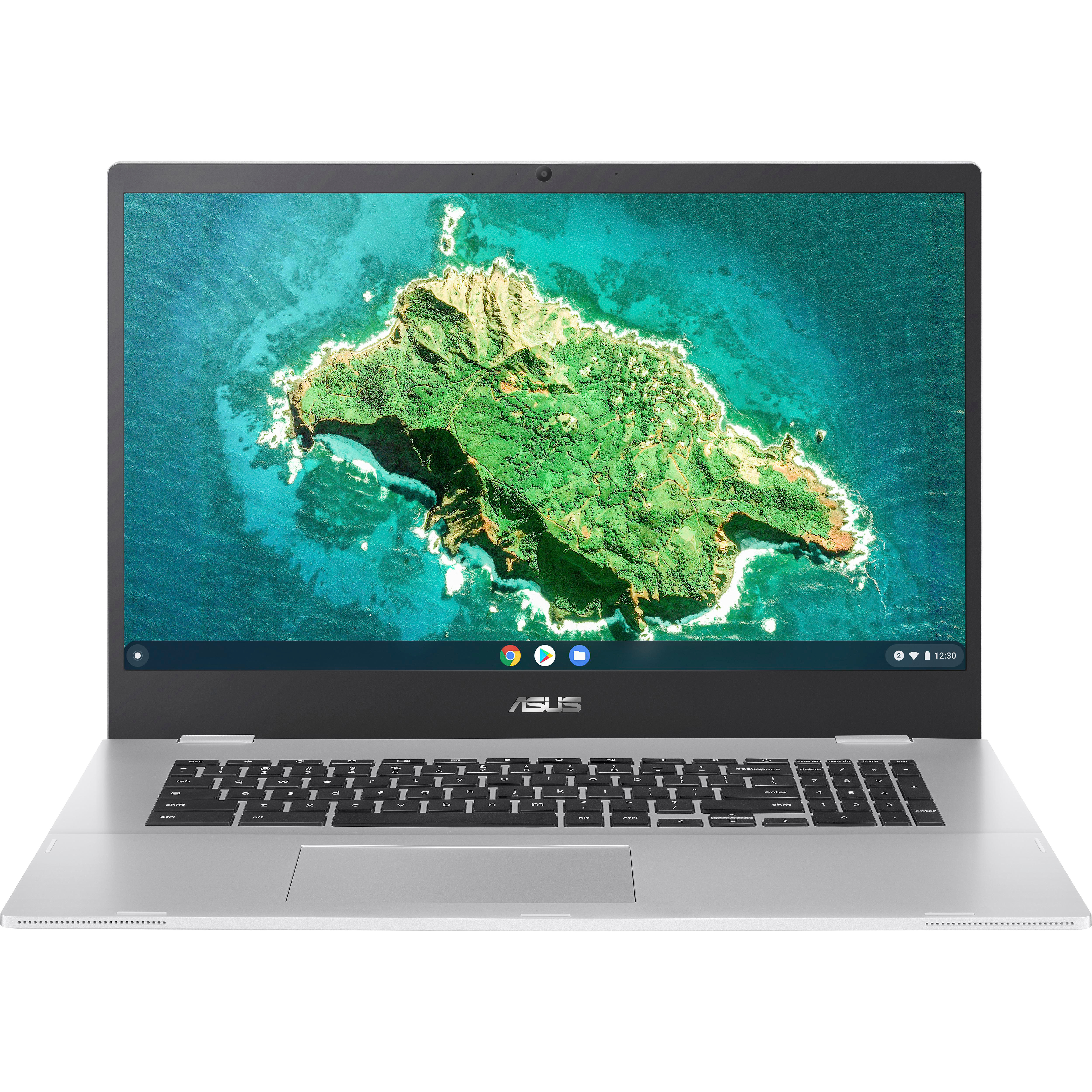 Laptop von oben. Silbernes Gehäuse, schwarze Tastatur, Bildschirm zeigt Insel.