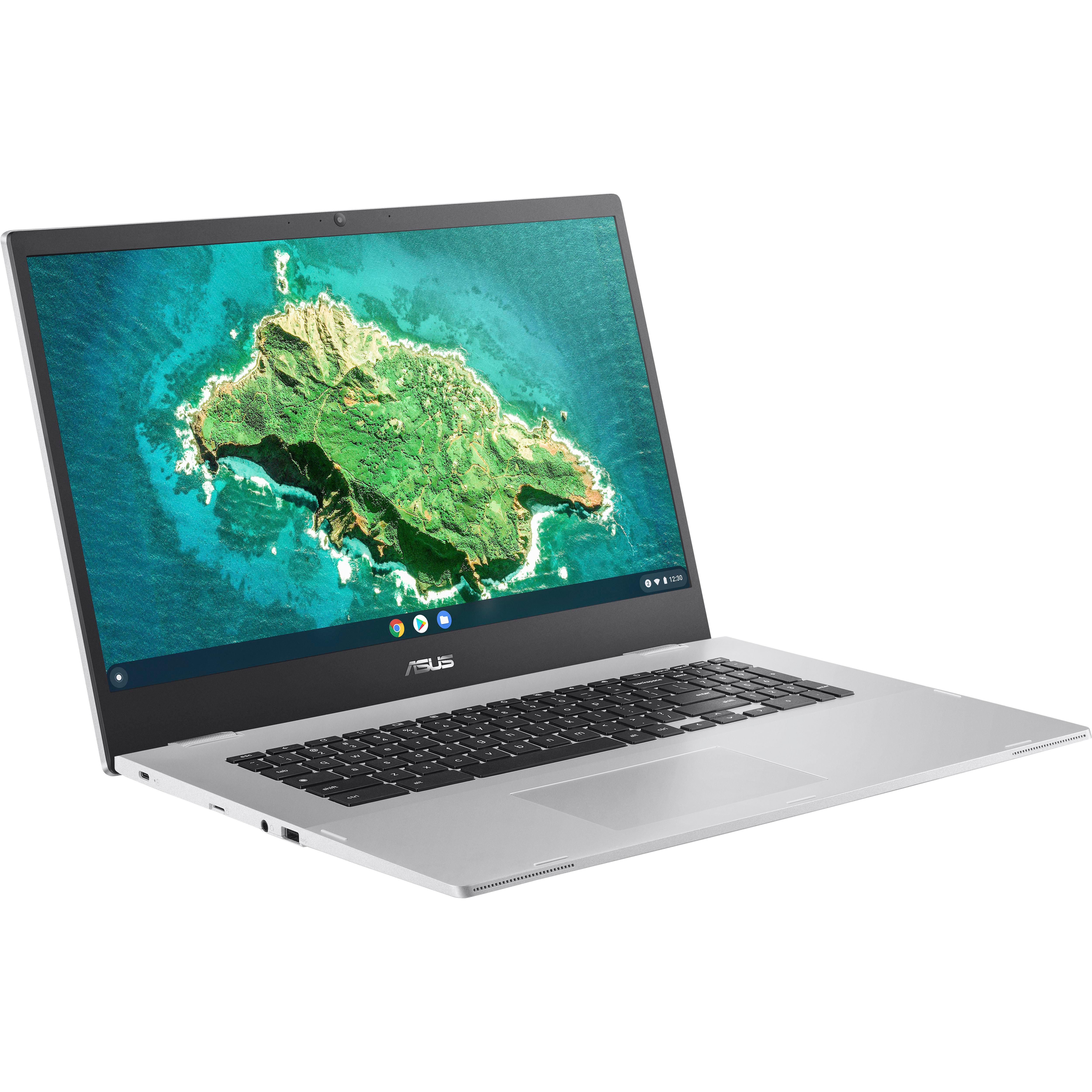 Silberner Asus-Laptop, geöffnet, zeigt eine Inselkarte.