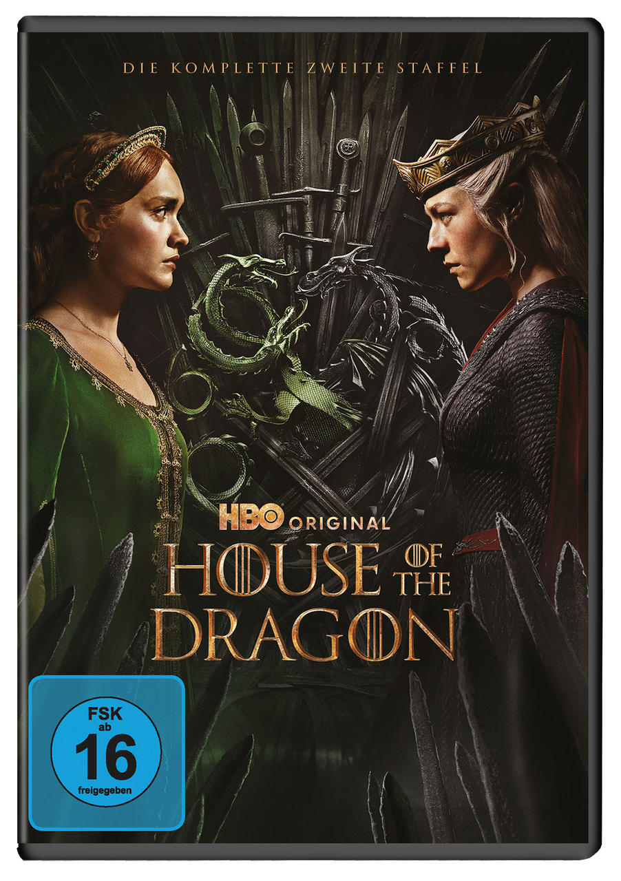 DVD-Cover für House of the Dragon. Zeigt zwei Frauen, die sich gegenüberstehen, mit einem Drachen in der Mitte.