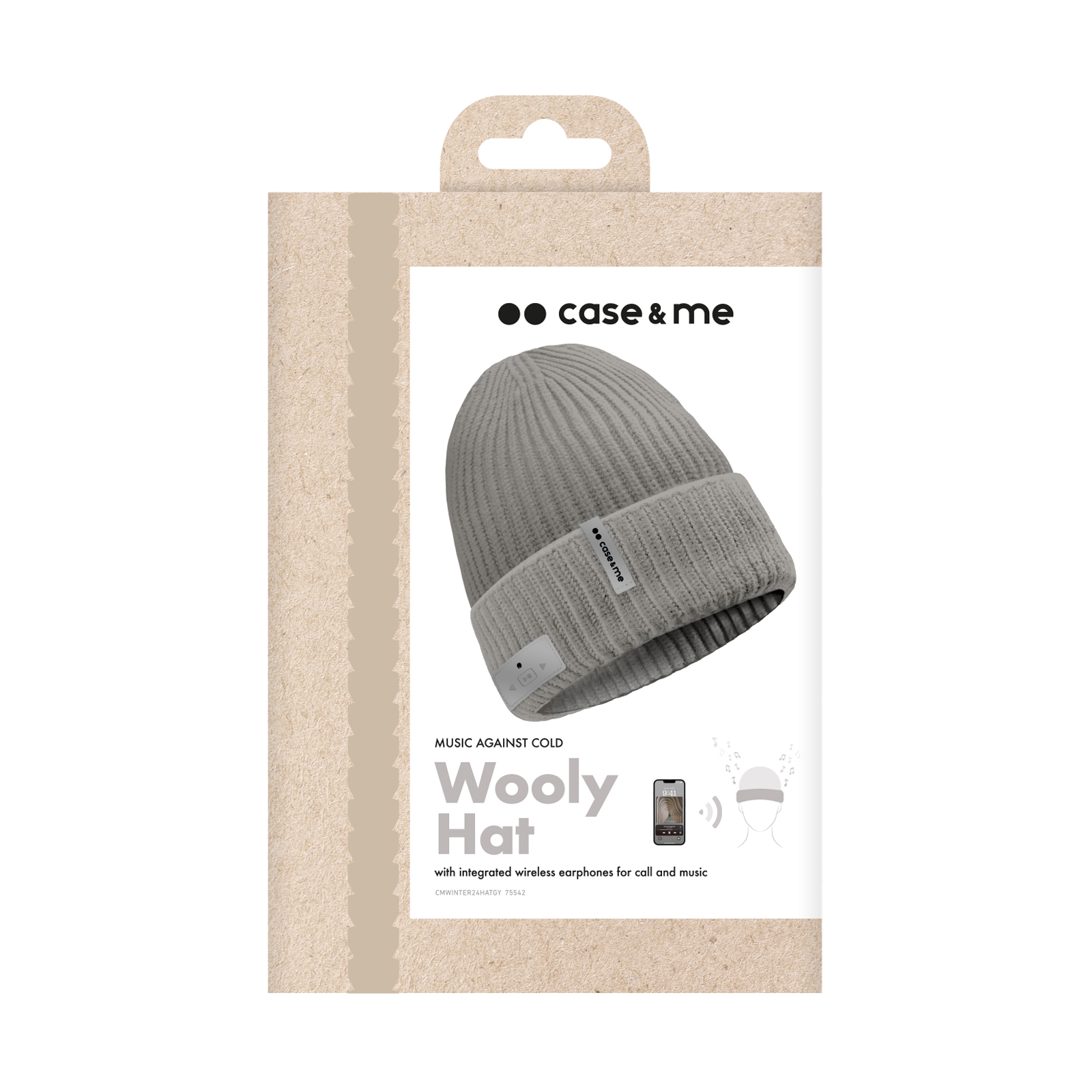 Verpackung für eine Beanie-Mütze. Die Mütze ist grau. Auf der Verpackung steht 'Wooly Hat'.