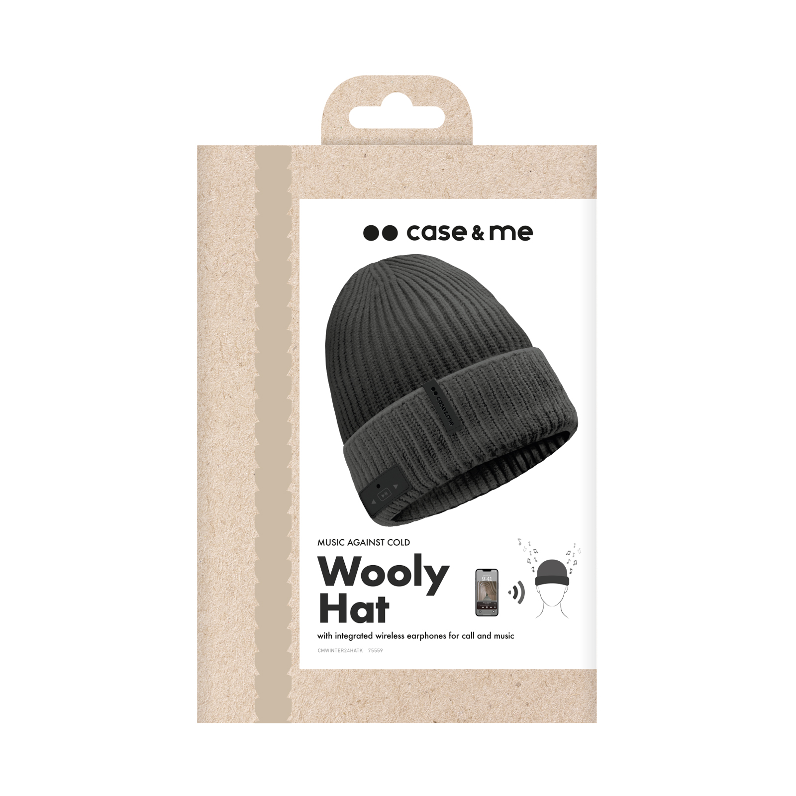 Graue Beanie-Mütze in einer Pappverpackung. Die Verpackung hat eine Telefon- und Hutillustration.