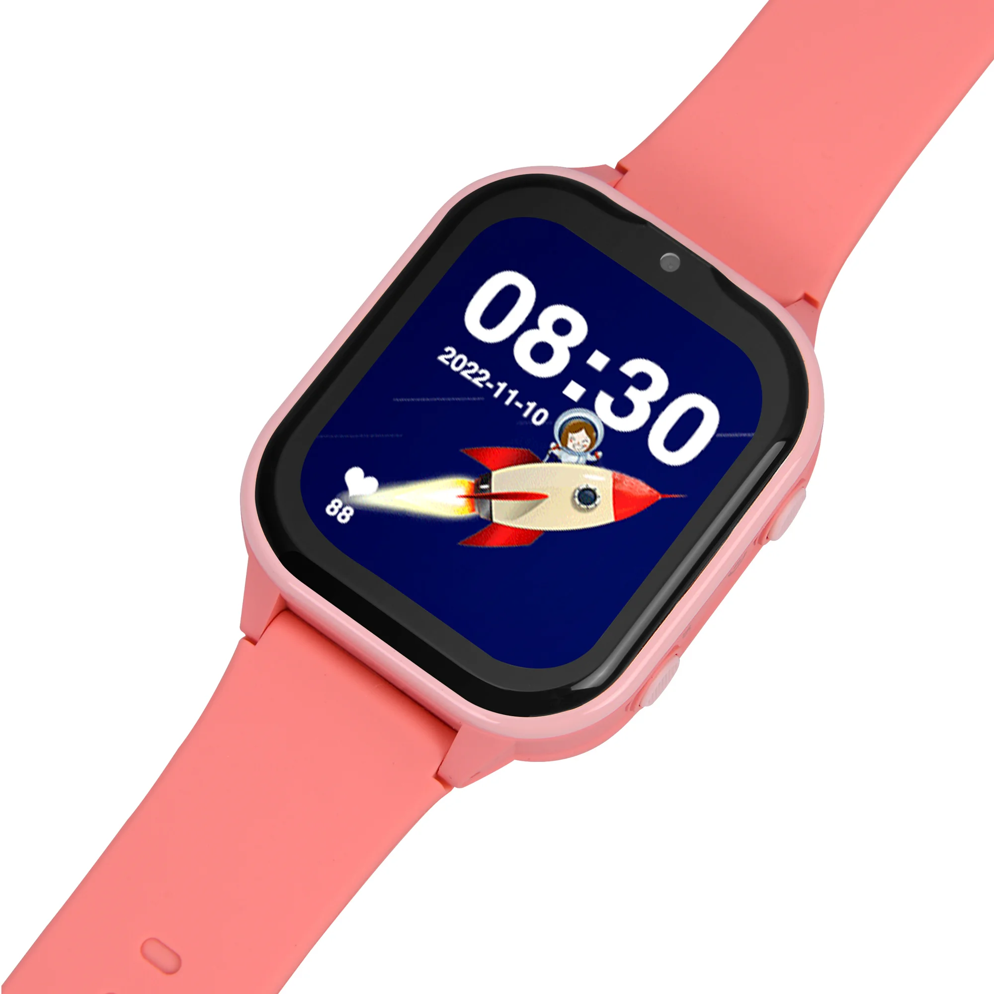 Różowy smartwatch z rakietą na ekranie.