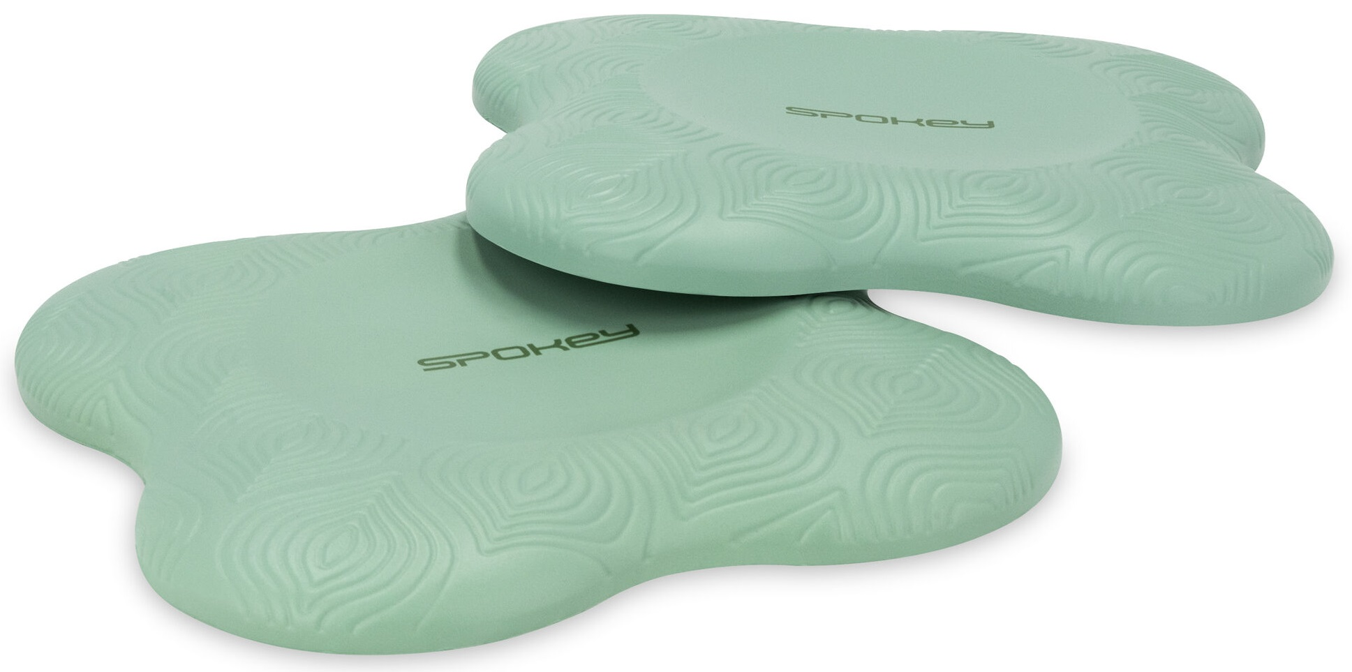 Dwie jasnozielone podkładki do ćwiczeń równowagi. Mają kształt kwiatu z fakturą.