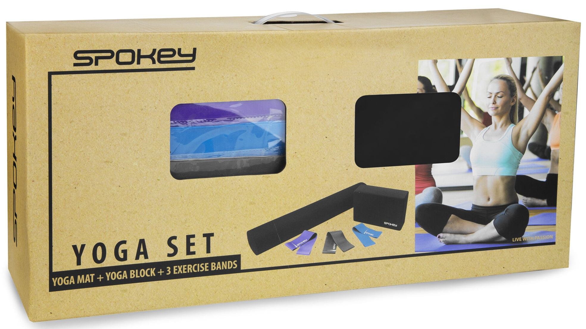 Brązowe pudełko z logo "Spokey" oraz zestaw do jogi zawierający matę, klocki i taśmy.