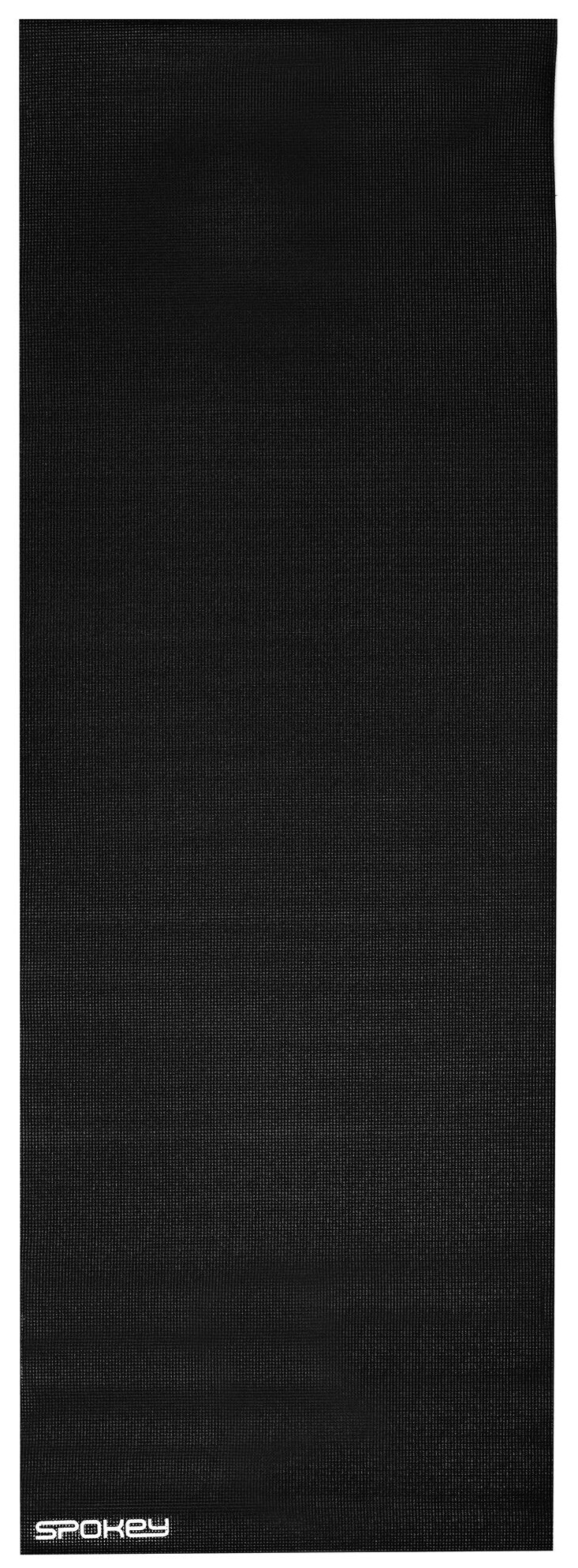 Czarna mata do jogi zwinięta na białym tle, widoczna nazwa marki.