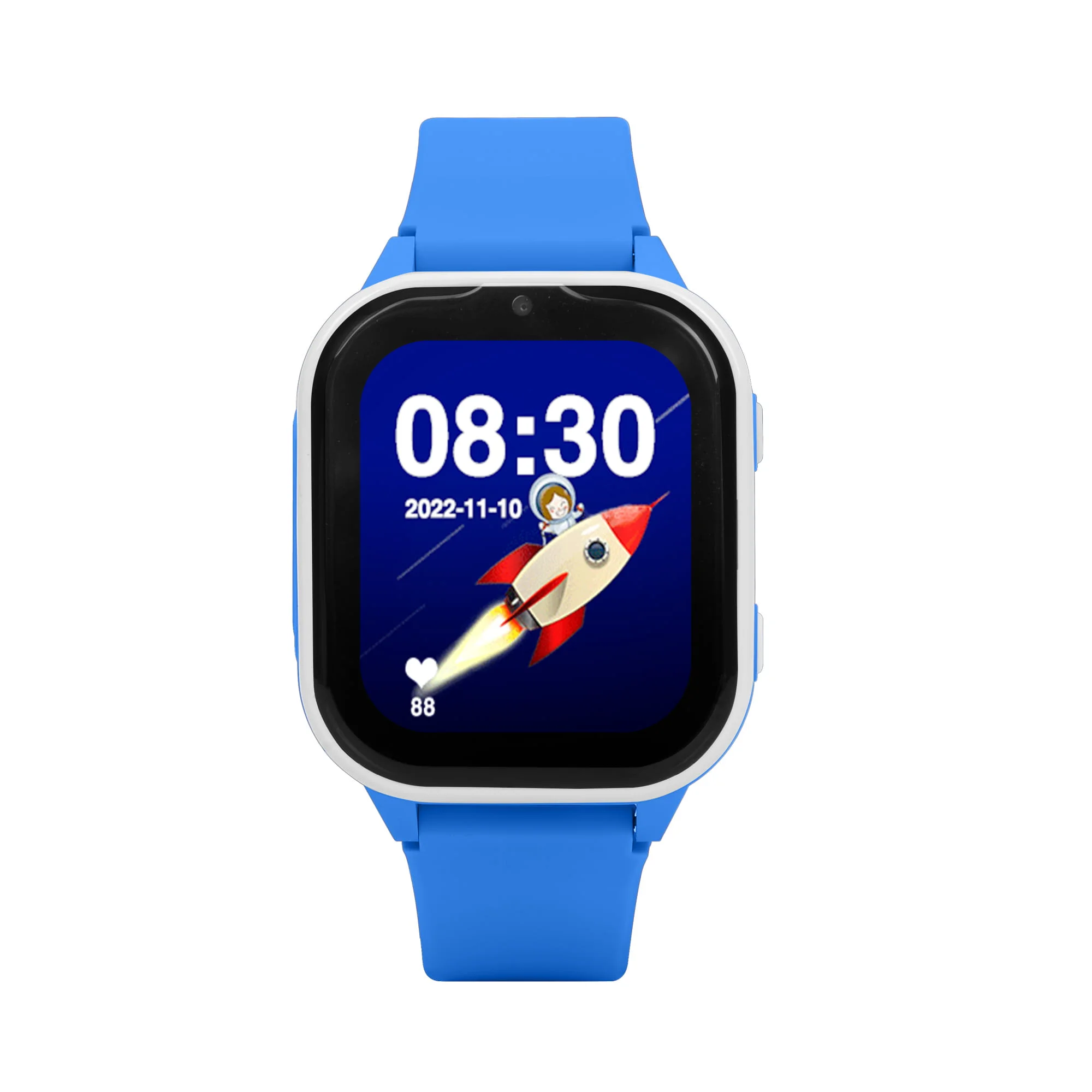 Niebieski smartwatch z godziną 08:30, datą 2022-11-10 i ilustracją rakiety na ekranie.
