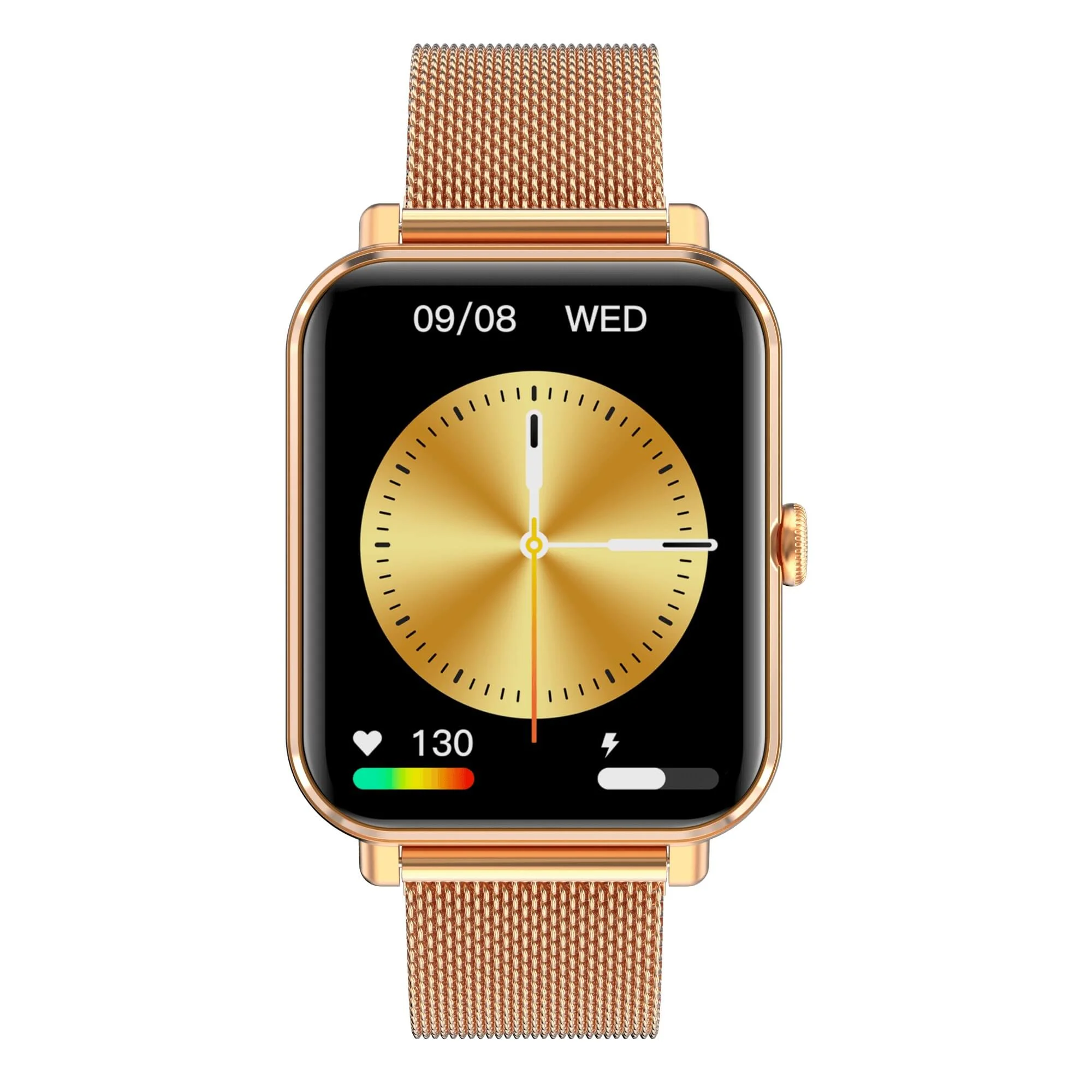 Złoty smartwatch na nadgarstku. Wyświetlacz pokazuje czas i tętno.