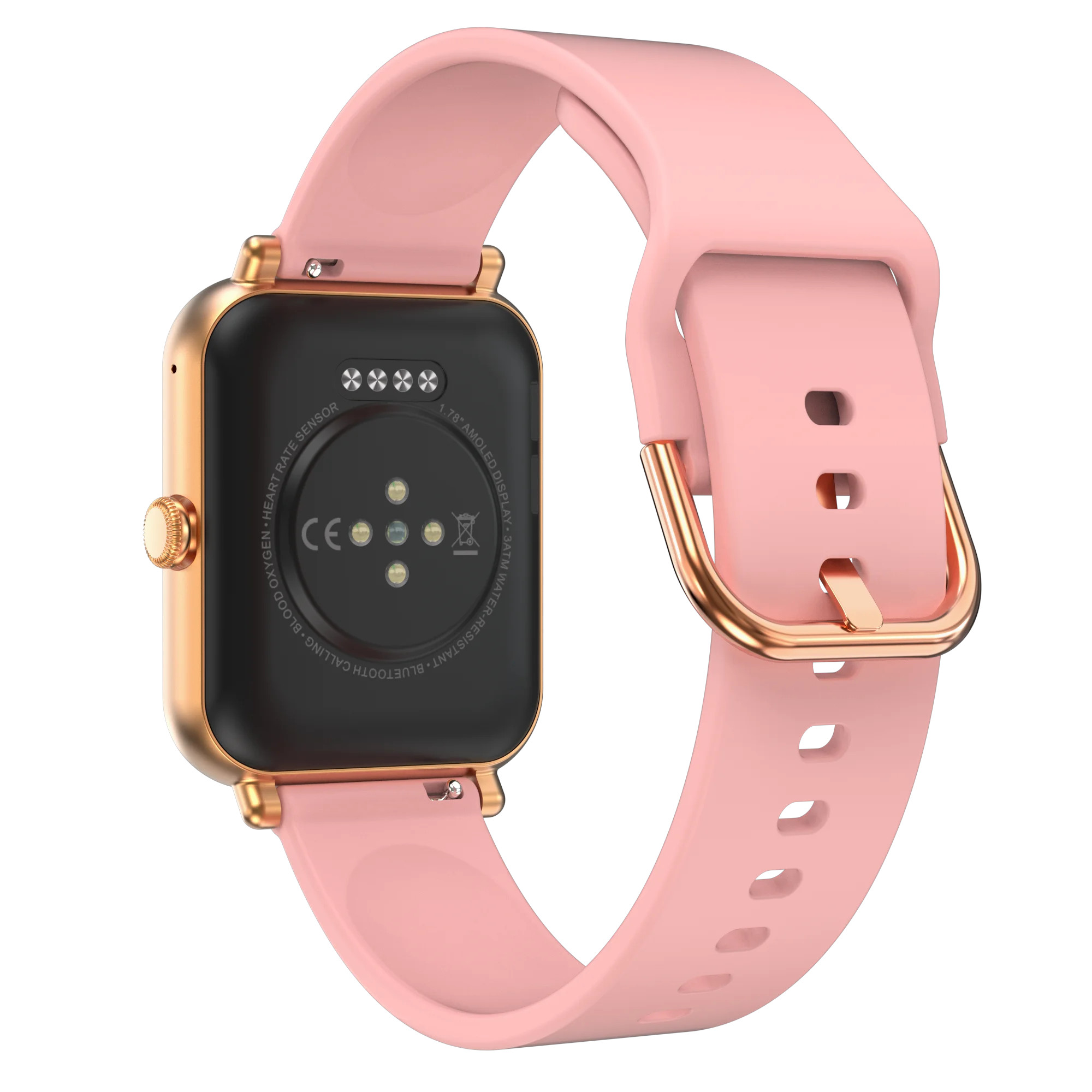 Różowy smartwatch ze złotą ramką i różowym paskiem. Zegarek pokazuje tył.