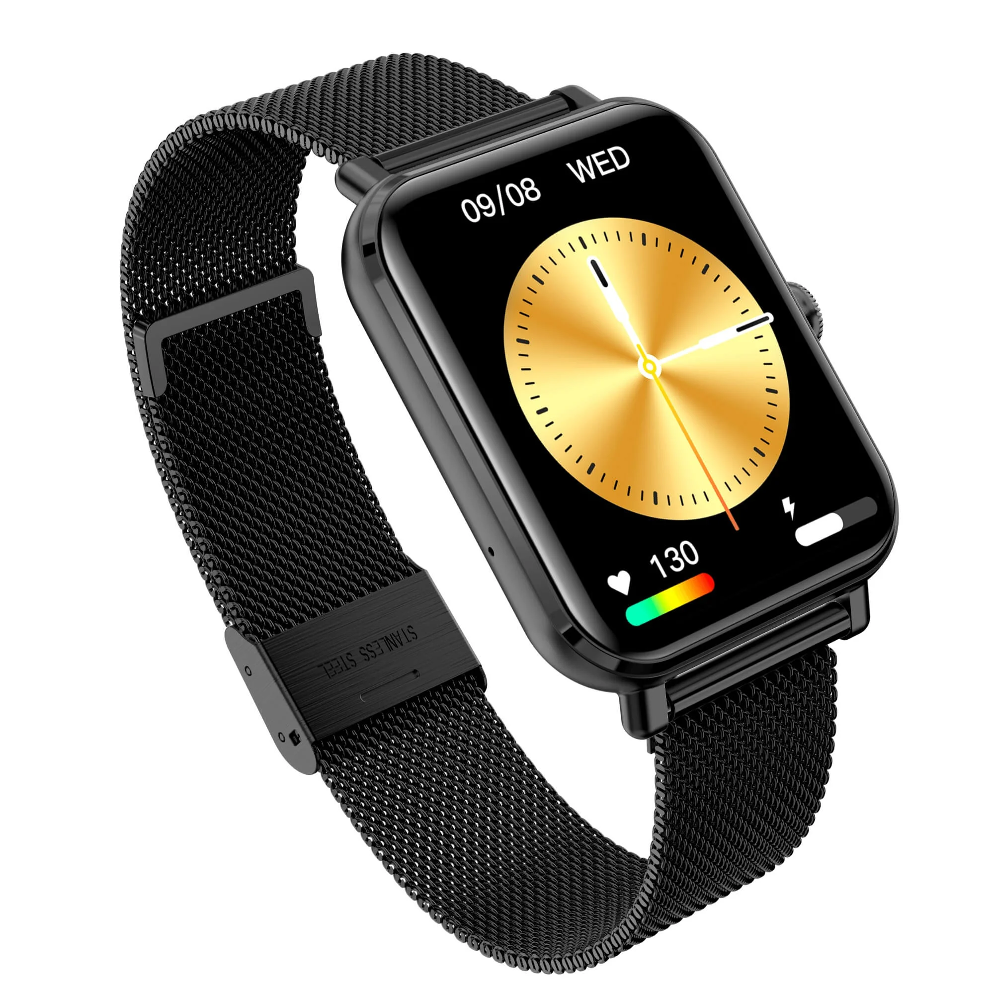 Czarny smartwatch ze złotą tarczą. Zegarek ma czarny, siatkowany pasek. Wyświetlana jest data.