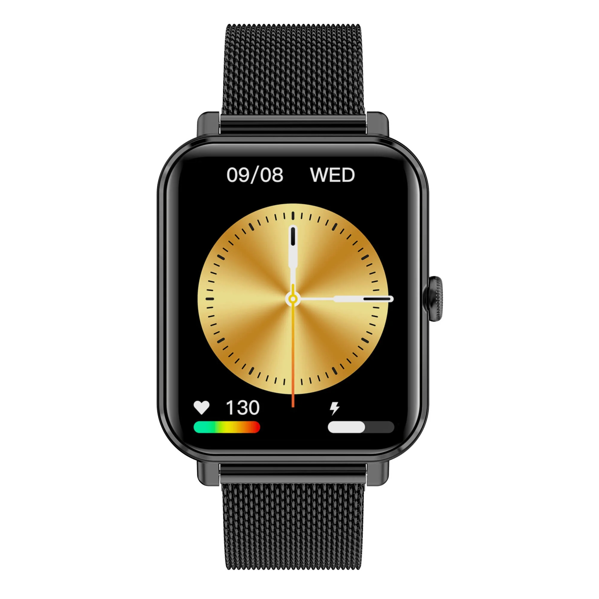 Czarny smartwatch ze złotą tarczą i czarnym paskiem z siatki.