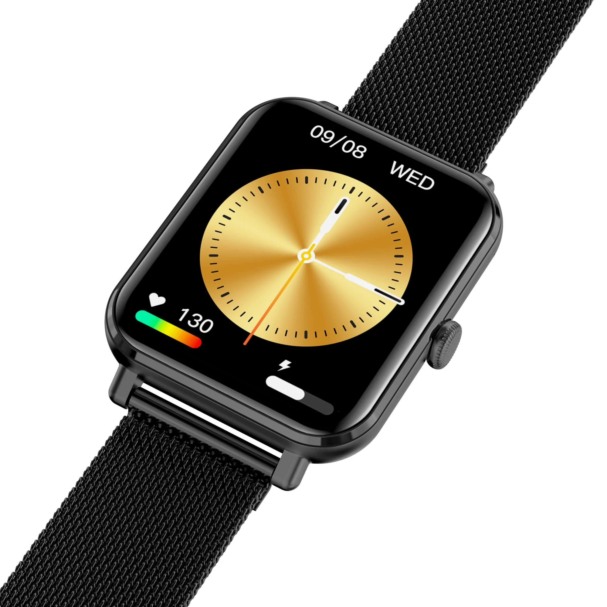 Czarny smartwatch ze złotą tarczą i czarnym paskiem. Wyświetlacz pokazuje datę i tętno.