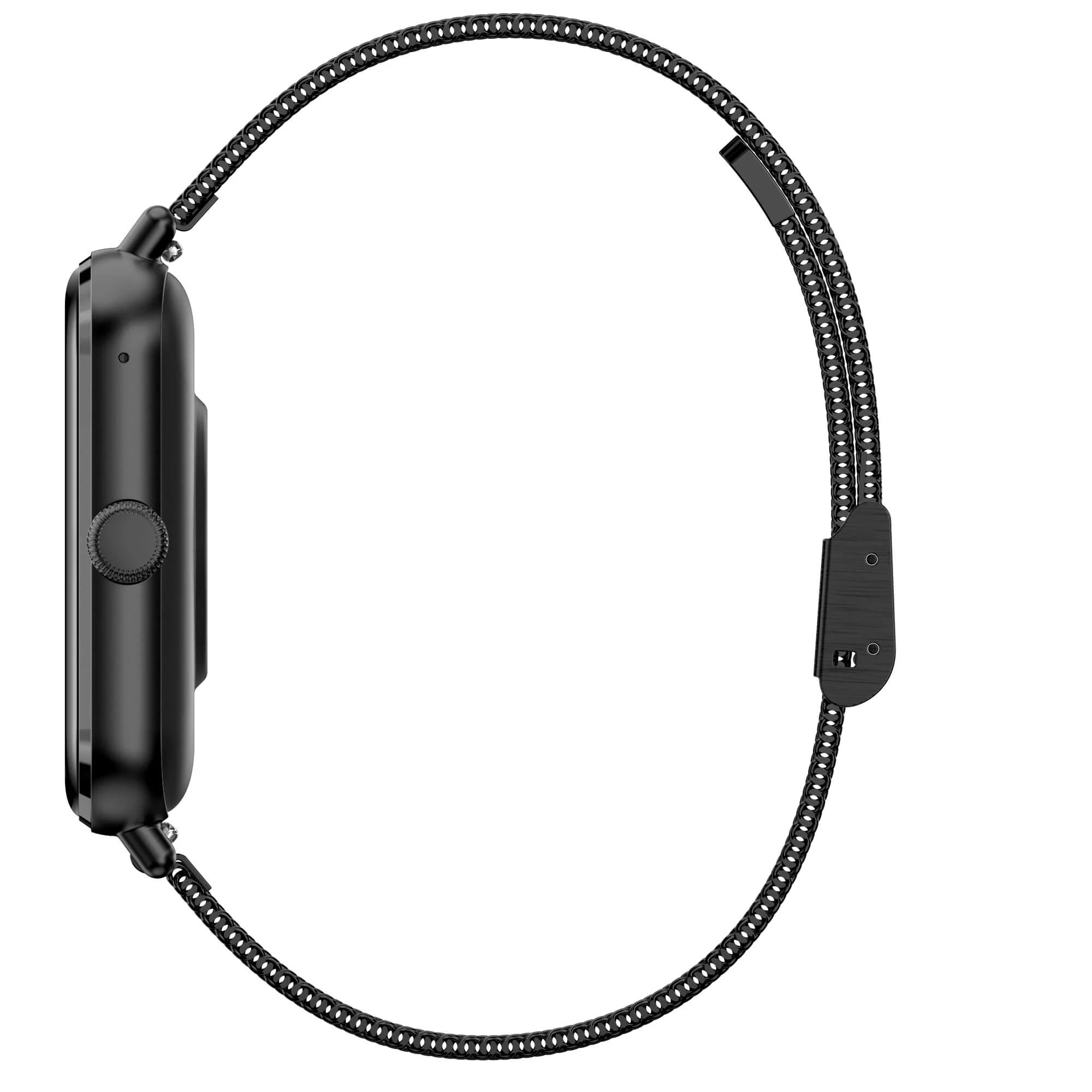 Czarny smartwatch z czarnym paskiem, widok z boku.