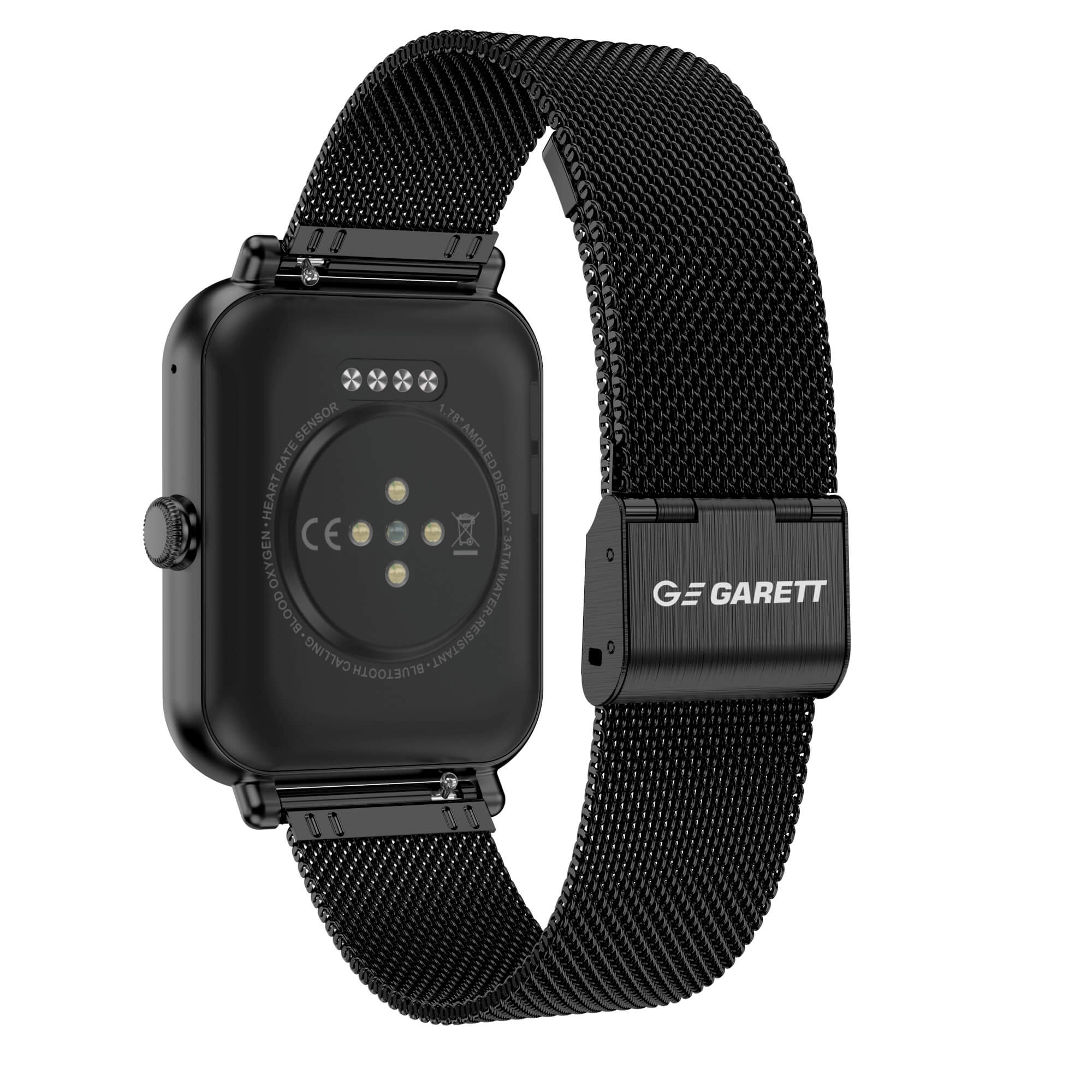 Czarny smartwatch, widok z tyłu. Pokazuje czujniki i szczegóły. Dołączony czarny pasek mesh.