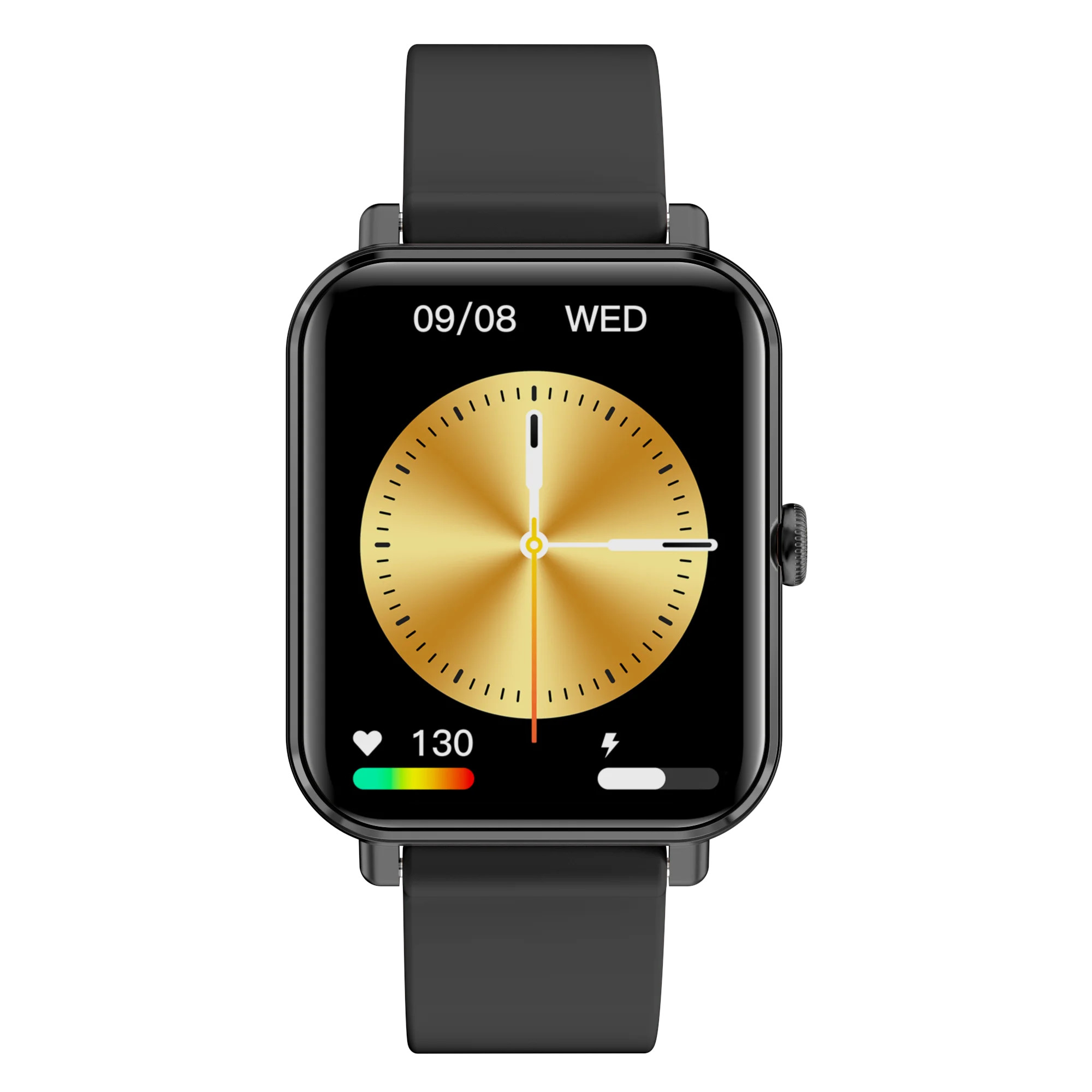 Czarny smartwatch z kwadratową tarczą wyświetlającą datę i godzinę, z czarnym paskiem.