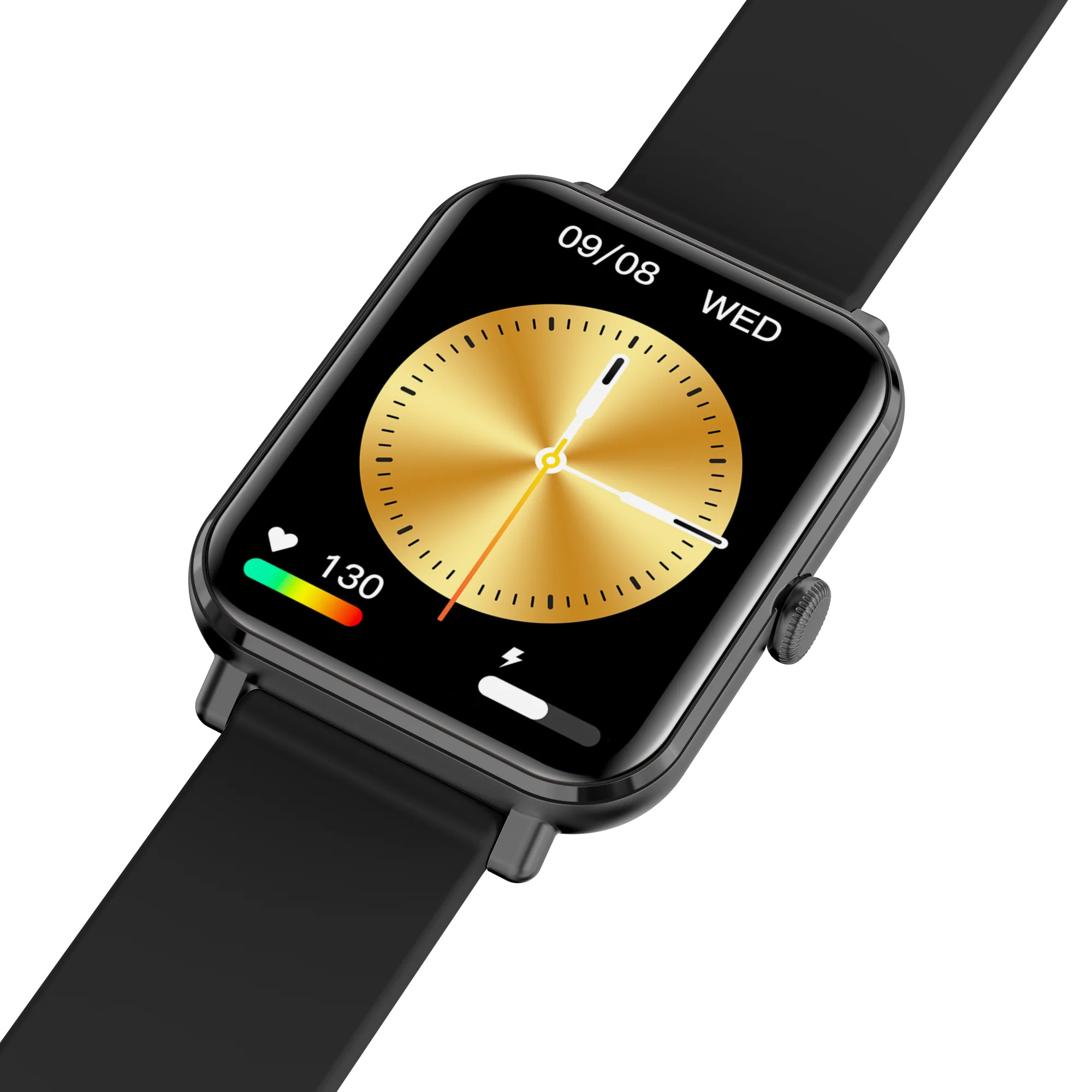 Czarny smartwatch ze złotą tarczą, czarny pasek.