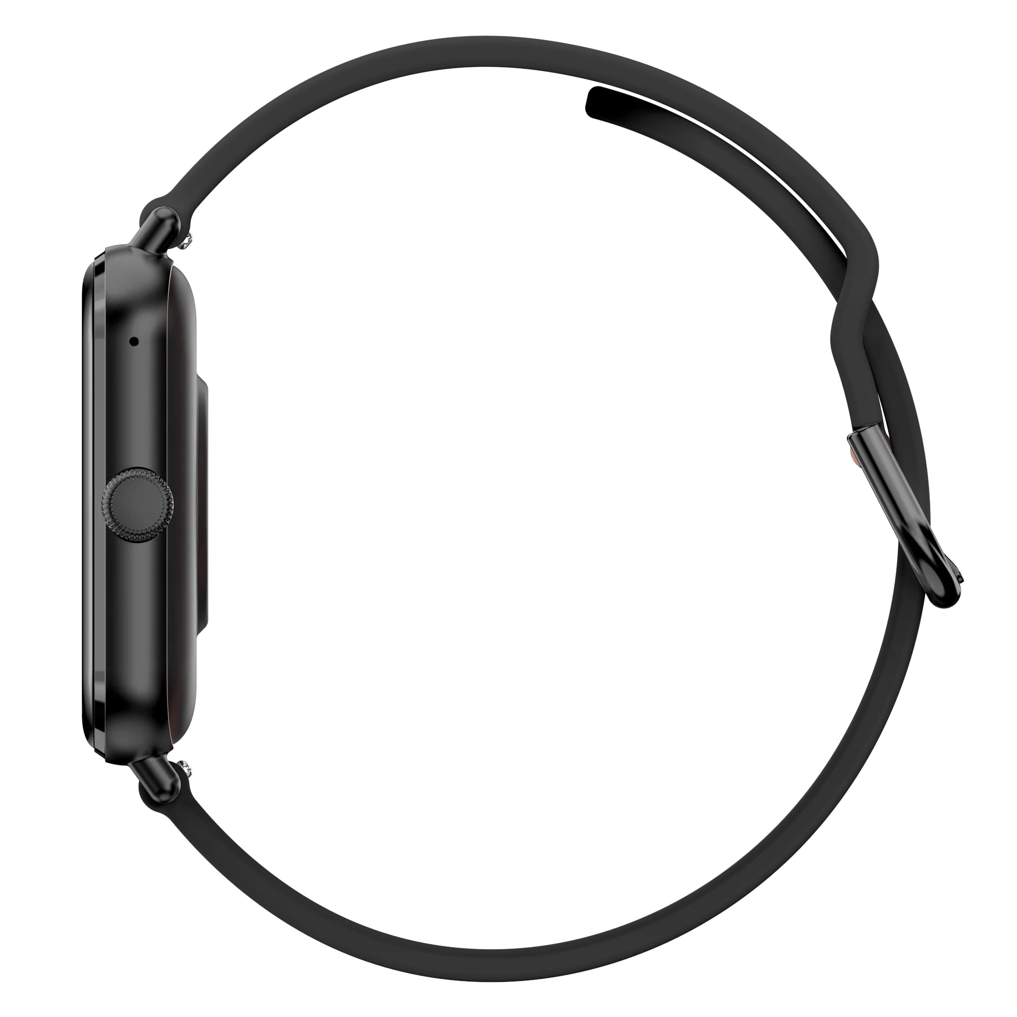 Czarny smartwatch, widok z boku. Czarny pasek przymocowany. Pokazuje boczny przycisk.