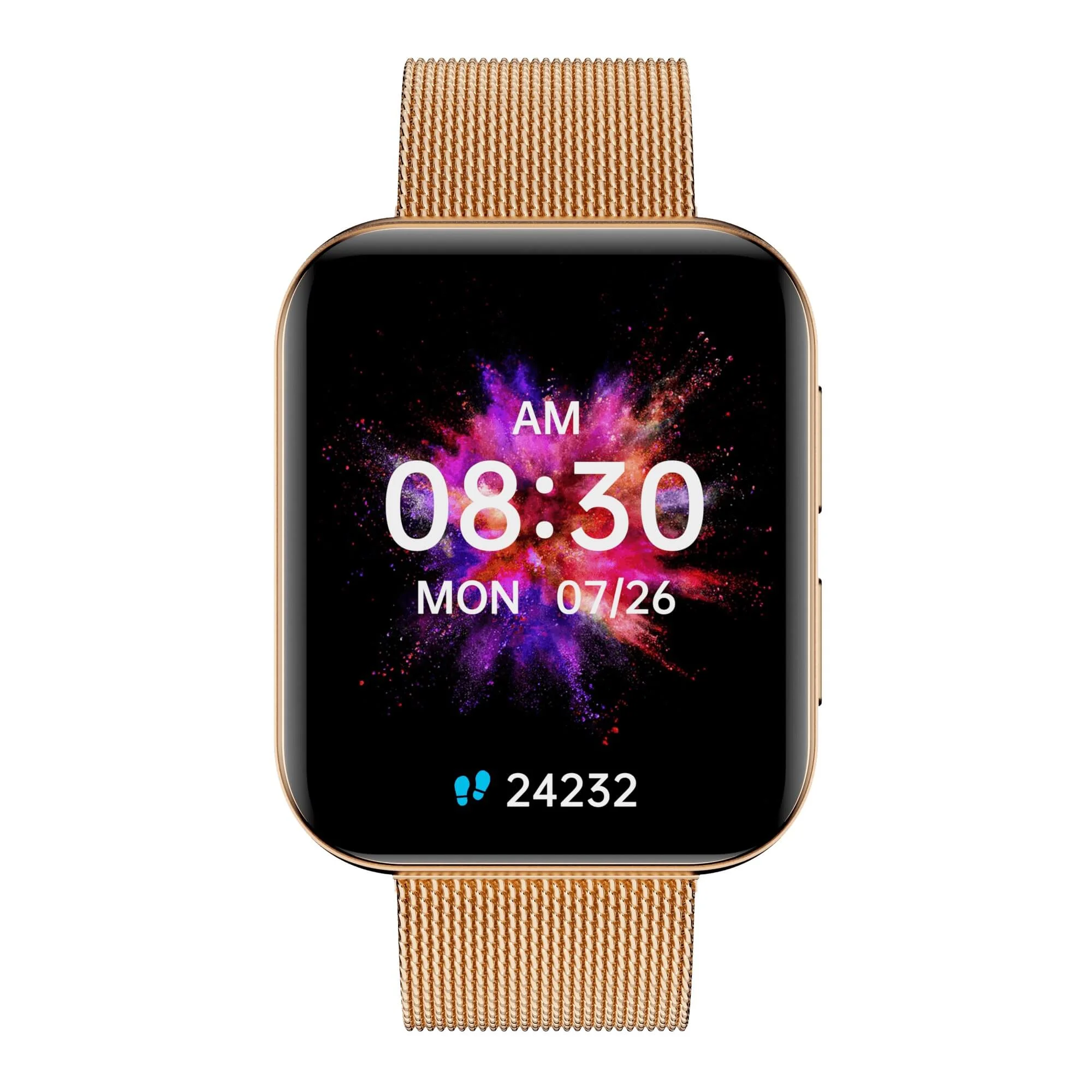 Smartwatch pokazujący godzinę, datę i dane tętna, ze złotym paskiem.