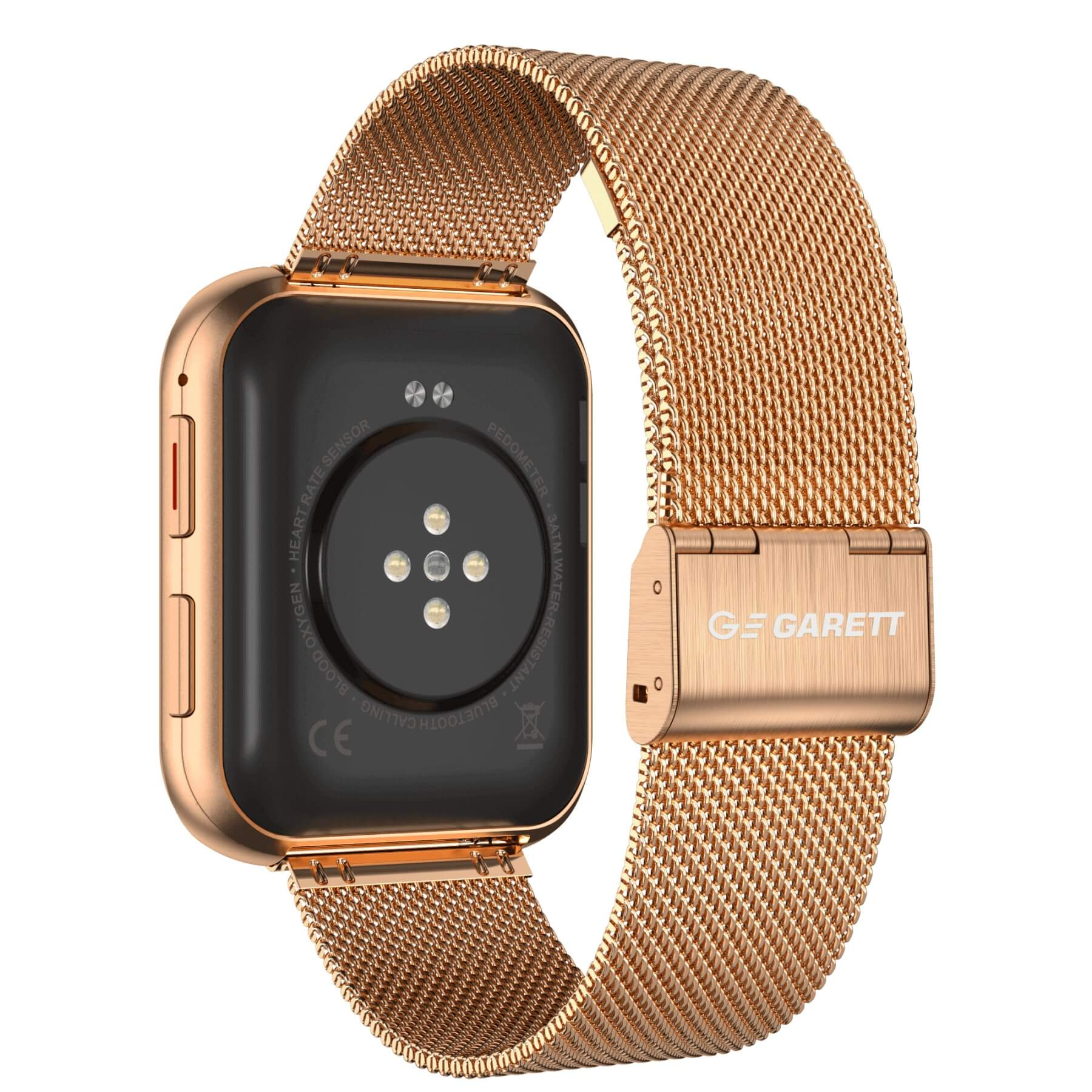 Smartwatch w kolorze różowego złota z siateczkowym paskiem. Tył pokazuje czujnik tętna. Na białym tle.