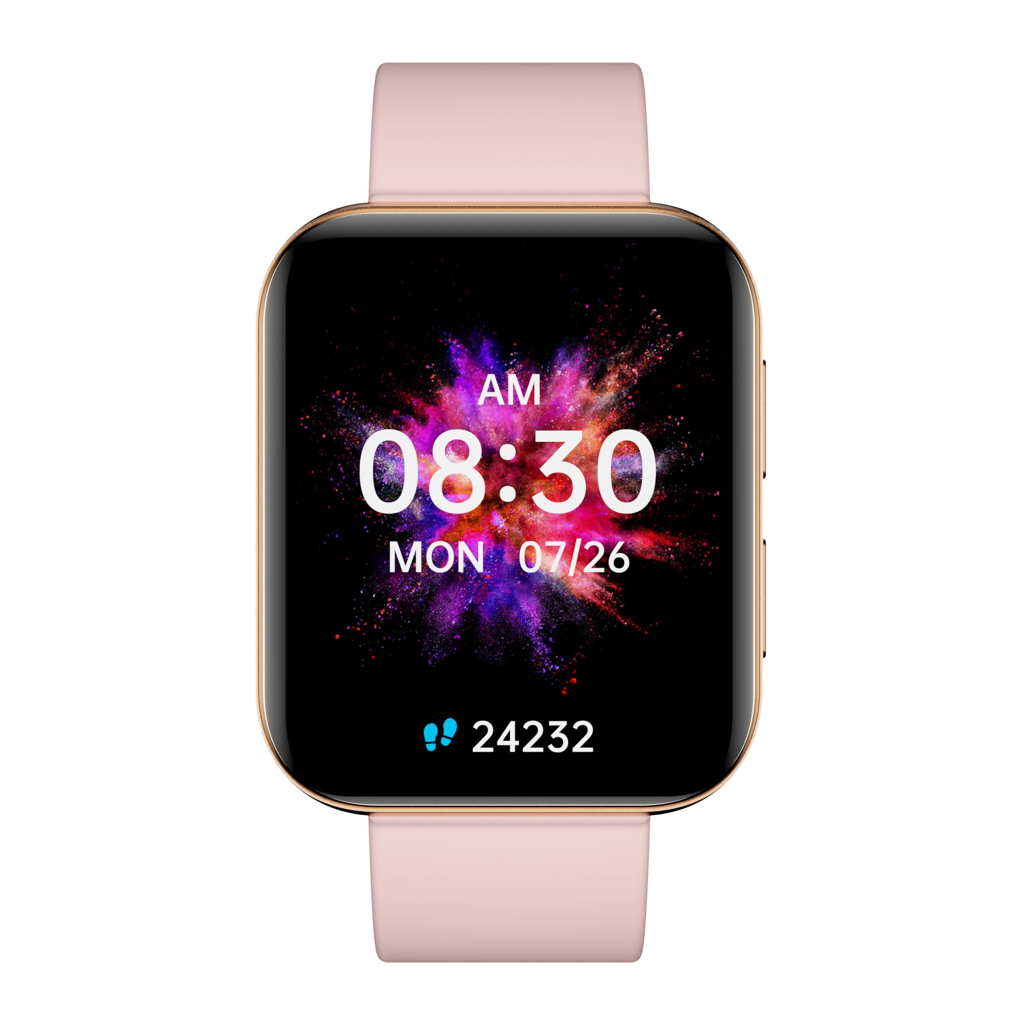 Różowy smartwatch z godziną, datą i krokomierzem, jasnoróżowy pasek.