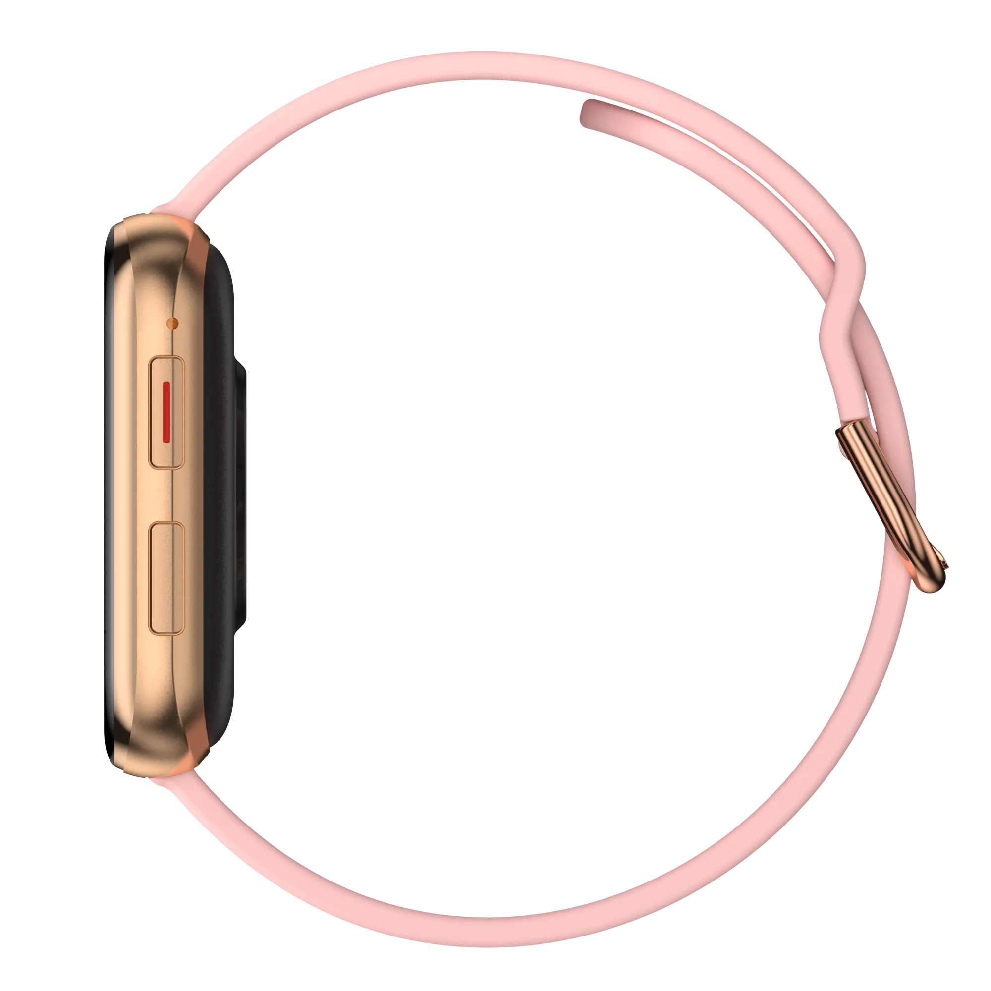 Różowy smartwatch ze złotą ramką i różowym paskiem. Zegarek leży na białej powierzchni.