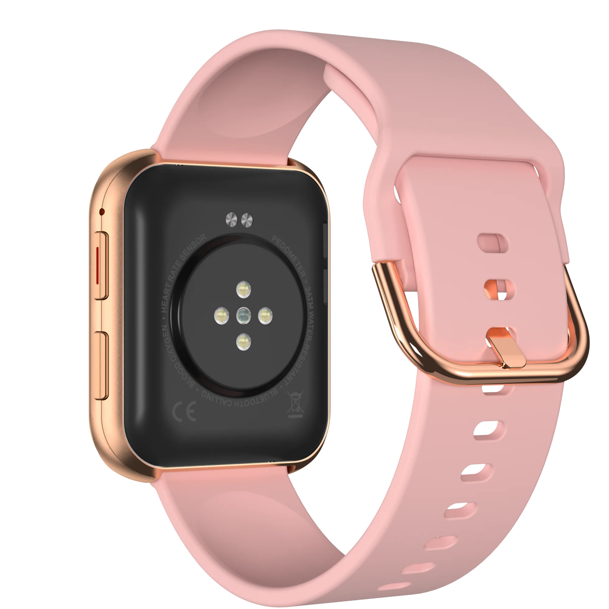 Różowy smartwatch na białej powierzchni, pokazujący tył z czujnikami.